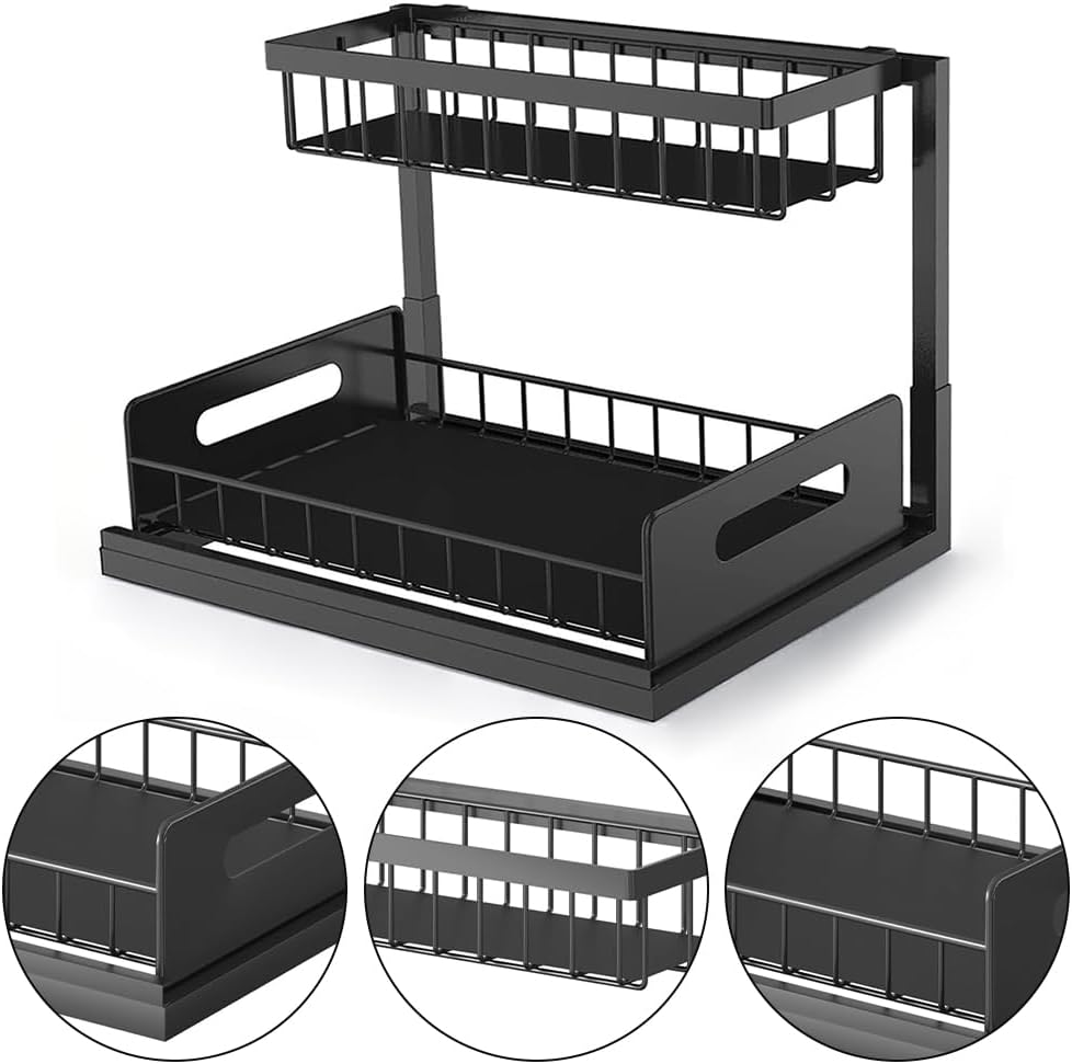 Ultra-Durable Pull-Out under Sink Organizer, Black Space-Saving Storage Shelf, Carbon Steel Drawer Rack, Suitable for Kitchen Cabinets, Bathroom & Office Drawers image number 1