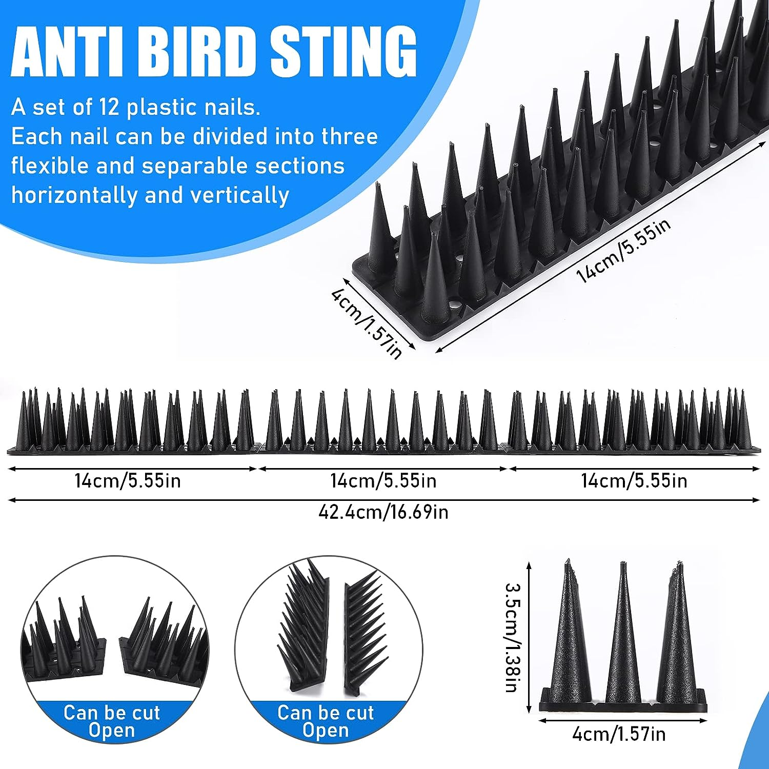 TOBWOLF 12 Pack Outdoor Bird Spikes, Plastic Fence Spikes anti Climb Spikes for Pigeon Cat Racoon, Windowsill Fence Roof Keeping Birds Away, No More Bird Nesting Dropping - Black image number 5