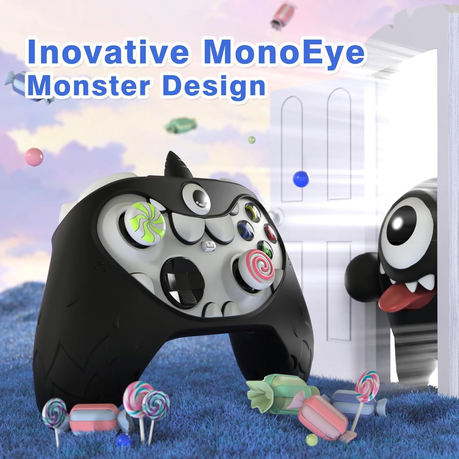 Playvital Monoeye Monster Cute Silicone Cover for Xbox Series X/S Controller, for Xbox Core Controller Grip Case, Anti-Slip, Full Protection, Includes Joystick Caps and Stickers, Black image number 6