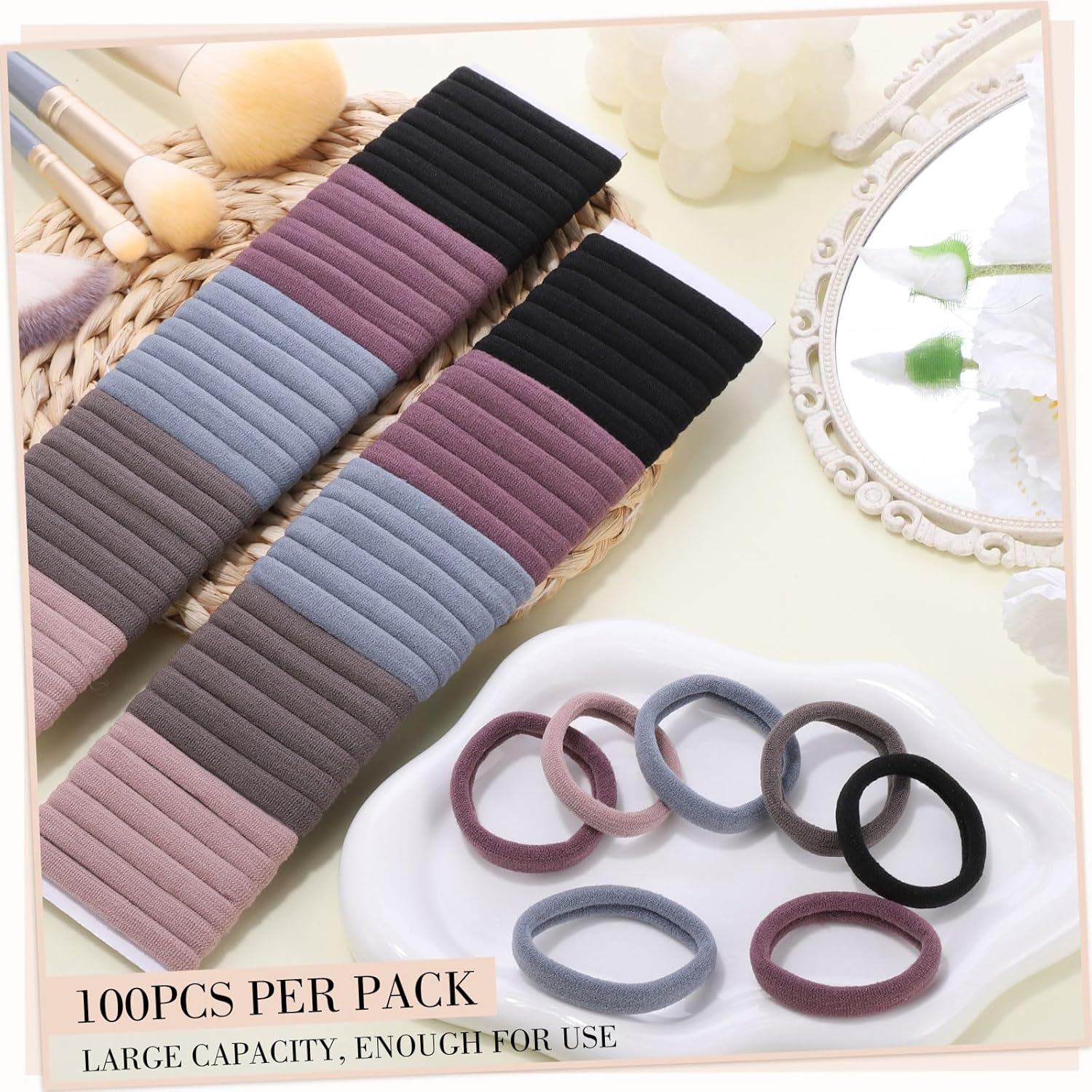 Pack of 100 Women'S Hair Bands, 5 Colours, Non-Metal Ponytail Holder, Ponytail Holder, Elastic for Girls and Women, All Hair Types image number 4