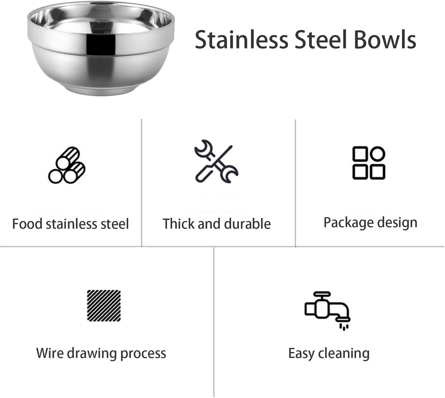 WANBY Stainless Steel Bowls 6Pcs Metal Lightweight Unbreakable Double Layered Dinner Bowls Set Dishwasher Safe for Kitchen Home Camping Outdoor Party BBQ (6 Inch) image number 3