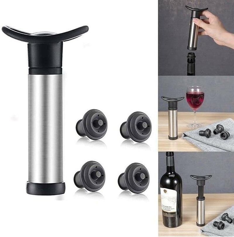 AIMALL Wine Saver Vacuum Pump Sealer Preserver Set with 4 Valves Air Bottle Stoppers, Leak-Proof Design, Black