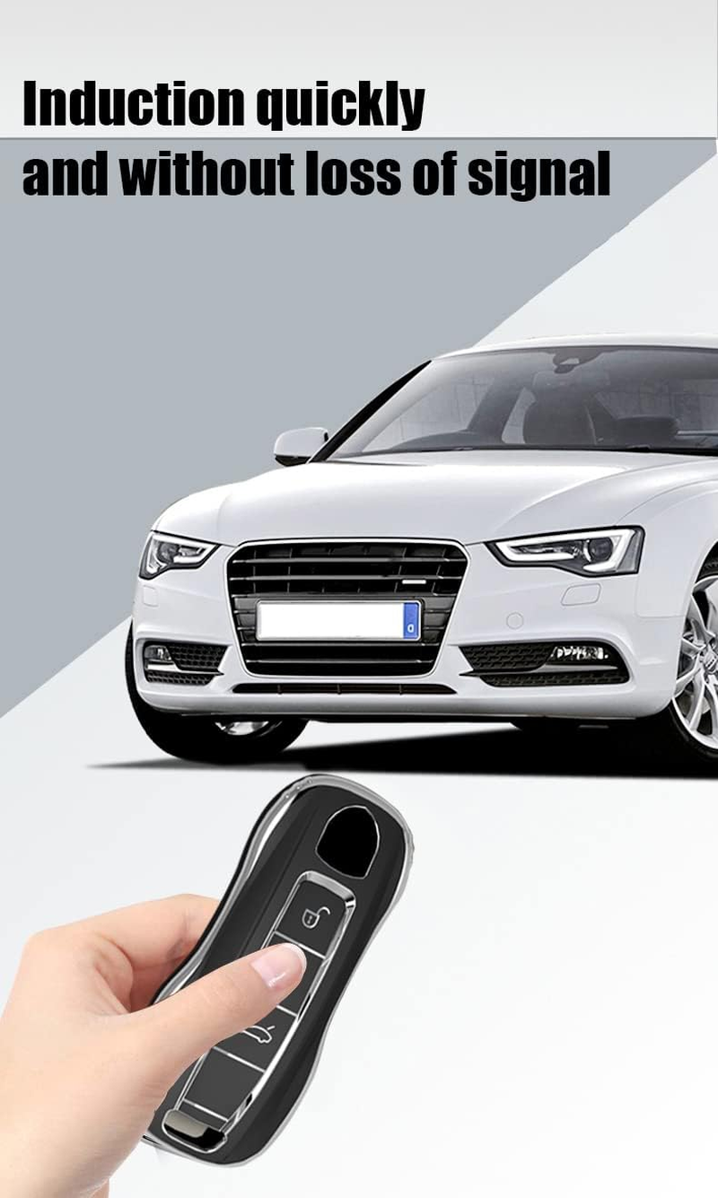 HIBEYO Key Fob Cover Compatible with Porsche Cayenne Macan Panamera Boxster 911 Carrera Tayca ABS Key Holder Accessories Smart Remote Auto Key with Keychains-Leather Key Chain(Black) image number 5