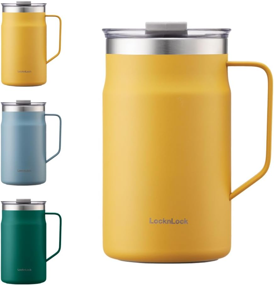 Locknlock Metro Mug Premium 18/8 Stainless Steel Double Wall Insulated with Handle Perfect for Table with Lid, Yellow, 20 Oz
