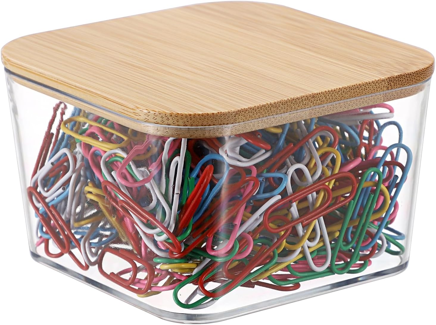 OGA Staple Dispenser Office Clips Box Plastic Box with Bamboo Lid Small Transparent Storage Box Versatile Desk Organiser for Paper Clips, Paper Clip, Letter Clips 8.5 X 8.5 X 5 Cm image number 4