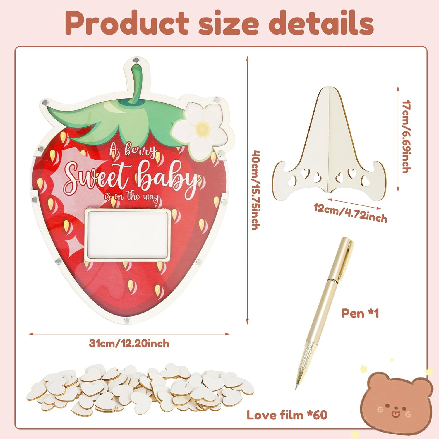 Strawberry Baby Shower Guest Book Decoration with Photo Frame and 60 Wood Slices Wood Guest Book Alternative a Berry Sweet Baby Is on the Way Decor for Birthday image number 2