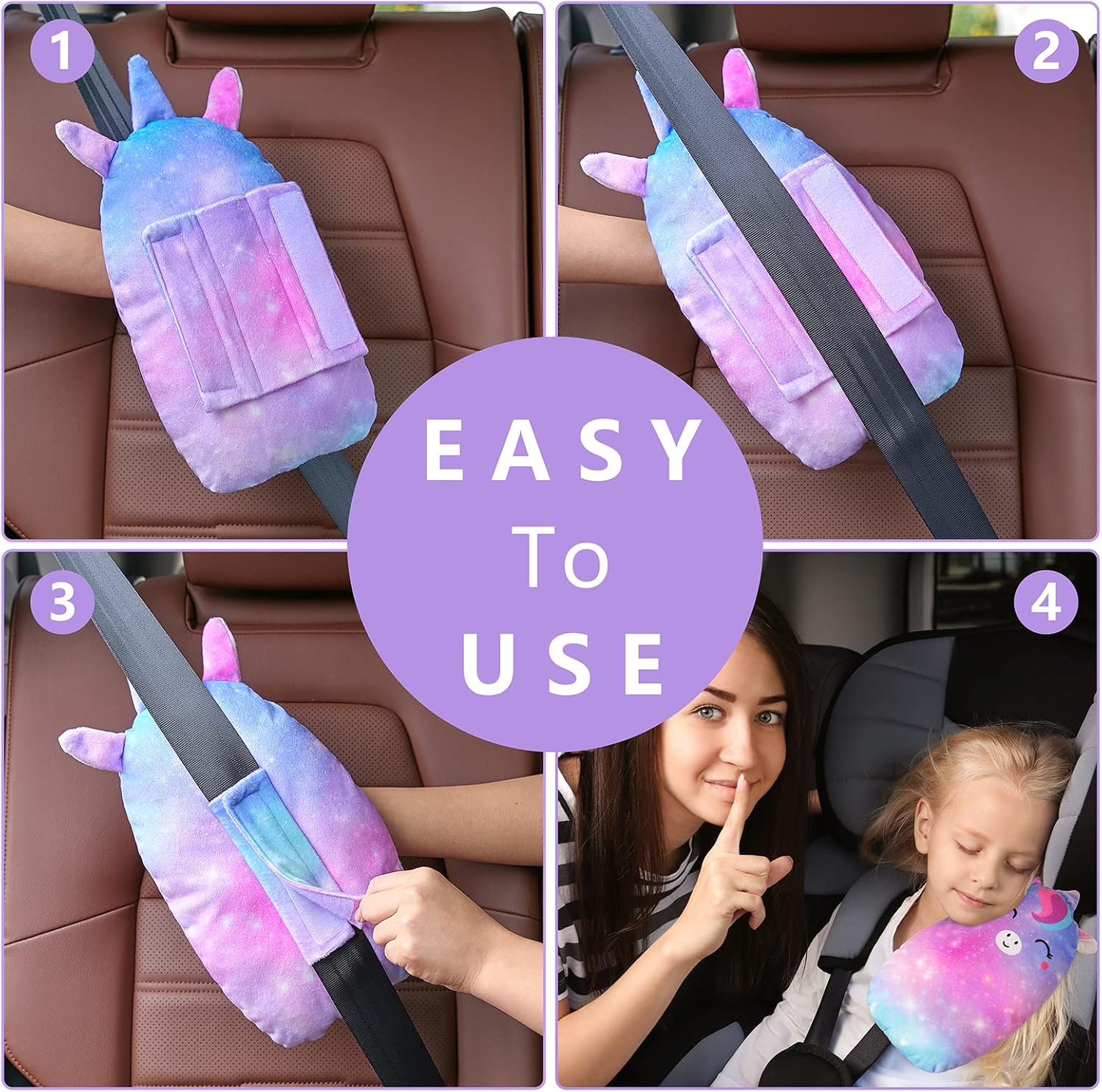 FIODAY Car Seat Belt Covers for Kids Unicorn Seat Belt Pillow Soft Seat Belt Cushion Adjust Seat Strap Pillow Head Neck Support for Children Boys Girls Travel, Purple image number 2