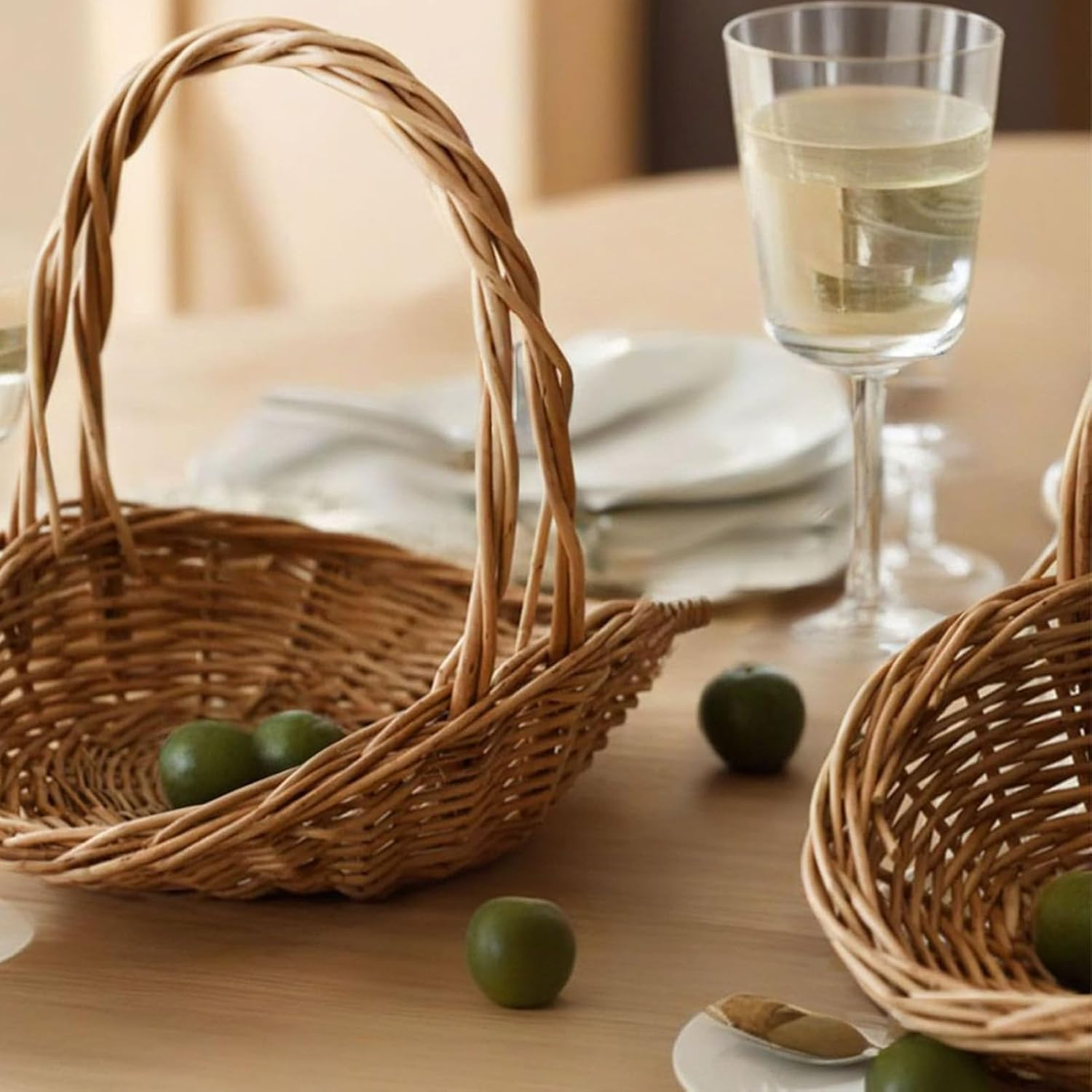 Kitchen Fruit Basket | Wicker Rattan Basket with Handle - Large Storage Organizer Food Containers, Floral Arrangements Home Decor Wedding Decor for Picnic Beach image number 5