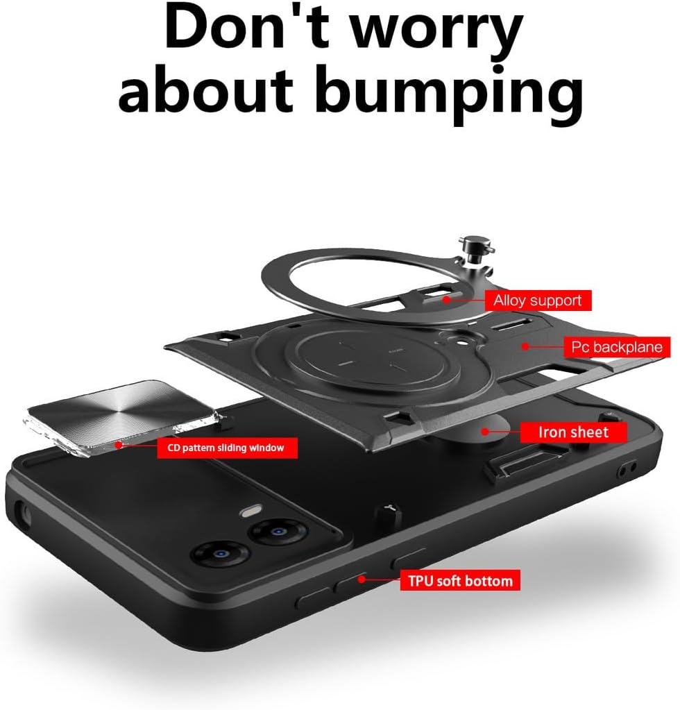 FORZARMOR for Oppo A60 5G/ A40 (6.67 Inch) Case Shockproof with Back Camera Slide Window Cover, Ring Kickstand Armor Military Rugged Cover (For A60 5G/A40 4G, Black) image number 5