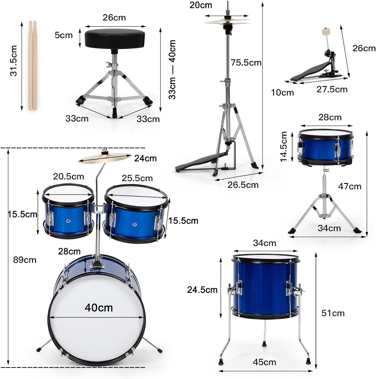 HONEY JOY 16&rdquo; Kids Drum Set, 5-Piece Full Size Complete Junior Drum Set W/Adjustable Throne, Cymbal, Hi-Hat, Pedal & Drumsticks, Beginner Drum Kit W/Bass Snare Tom Drum, Age 3-12 (Blue) image number 6