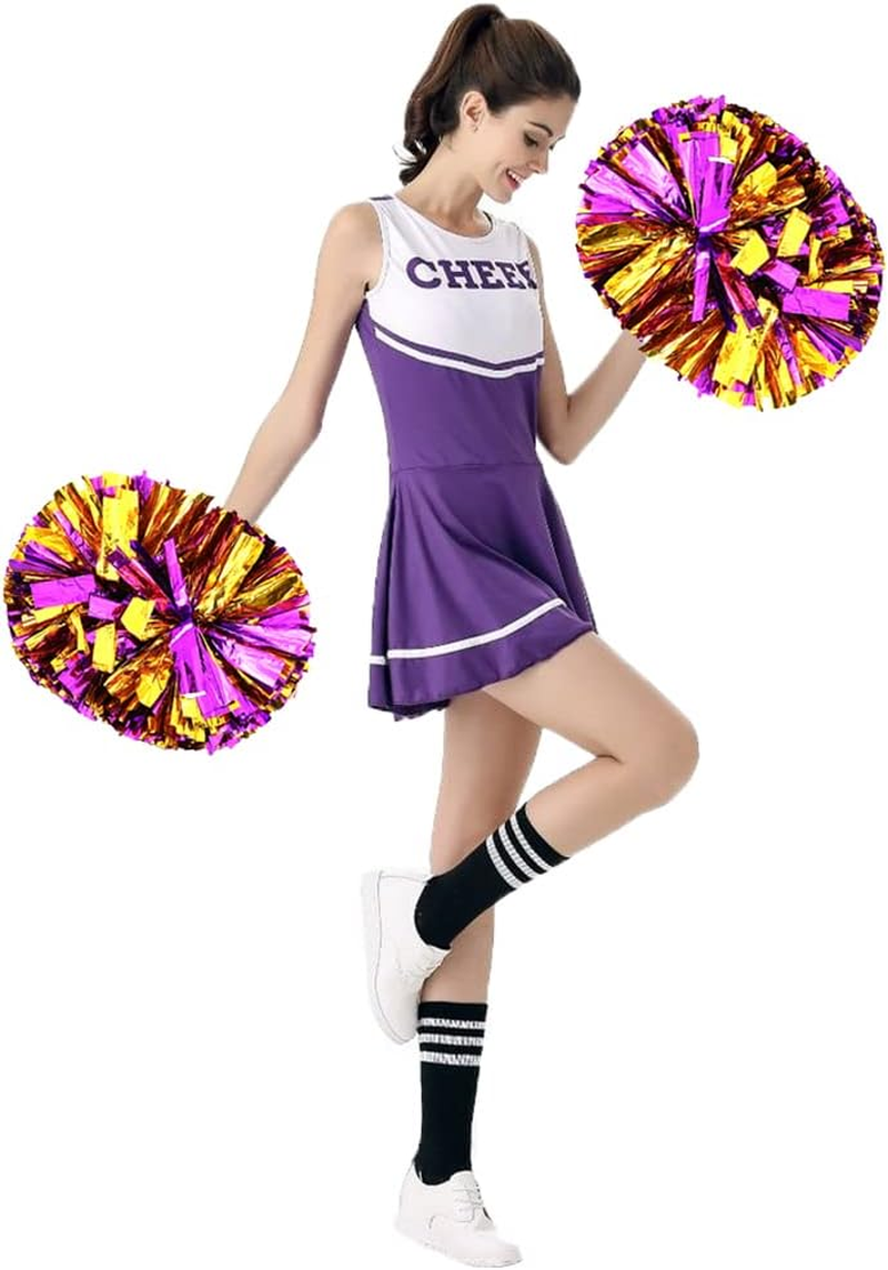 4 Pack Cheerleading Pom Poms,Metallic Cheer Pom Poms with Training Baton Handle for Team Sport Spirit Squad Bulk Cheerleaders(Purple and Gold) image number 2