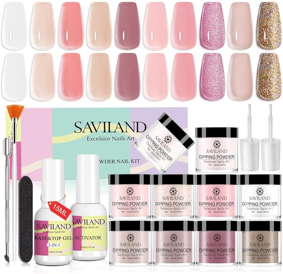 SAVILAND 17Pcs Dip Powder Nail Kit Starter: Nude Pink Nail Dip Powder Kit 10 Colors Dipping Powder with 15Ml 2-In-1 Base & Top Coat, Activator for Nail Repair, Salon Use, Home DIY, Gift for Ladies image number 4