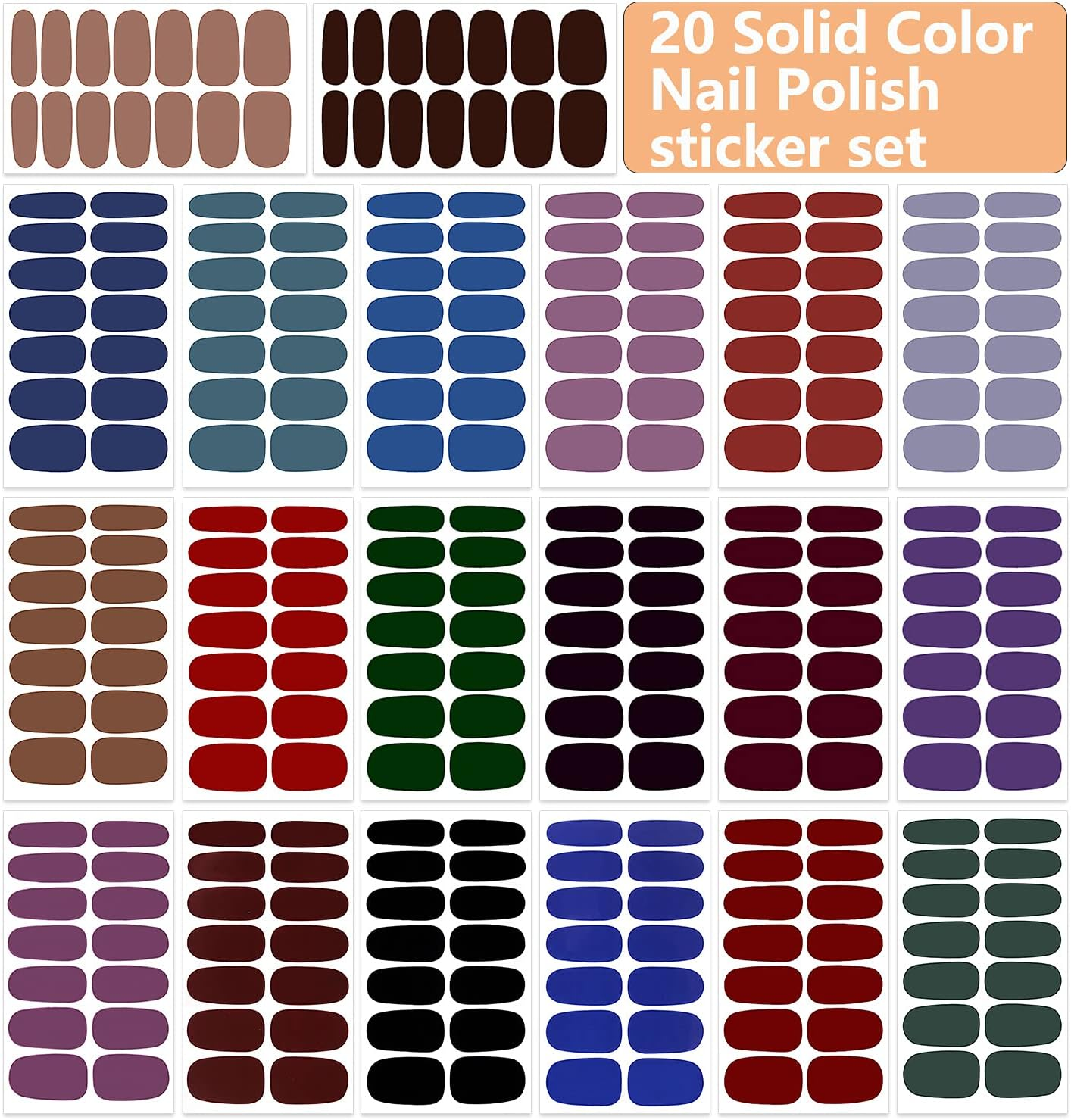 WOKOTO 20 Sheets Dark Solid Color Series Nail Polish Strips Stickers with Nail File Self-Adhesive Punk Rock Gel Nail Strips Full Wraps for Women Nails Art Stickers image number 5