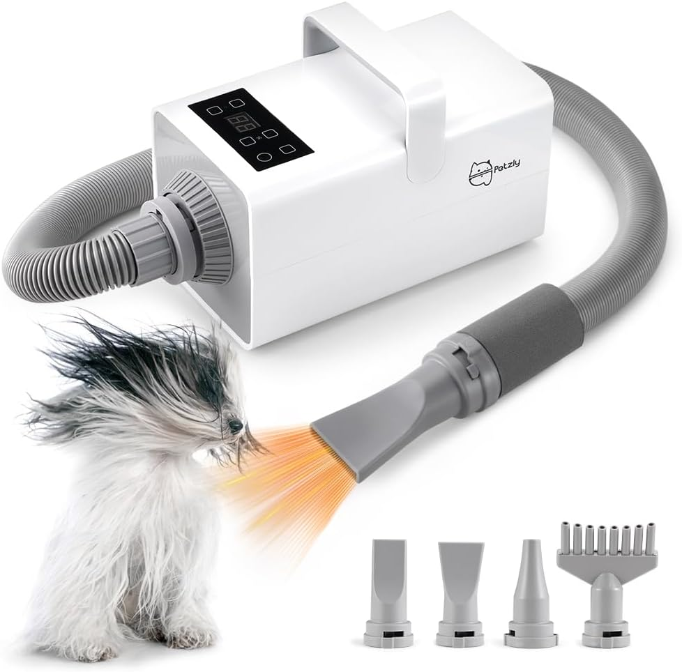 Petzly Dog Dryer, 3200W High Velocity Force Blow Pet Dryer with LCD Touch Panel, Adjustable Speed & Temperature Control, Quiet Dog Hair Dryer with 4 Nozzle, White image number 5
