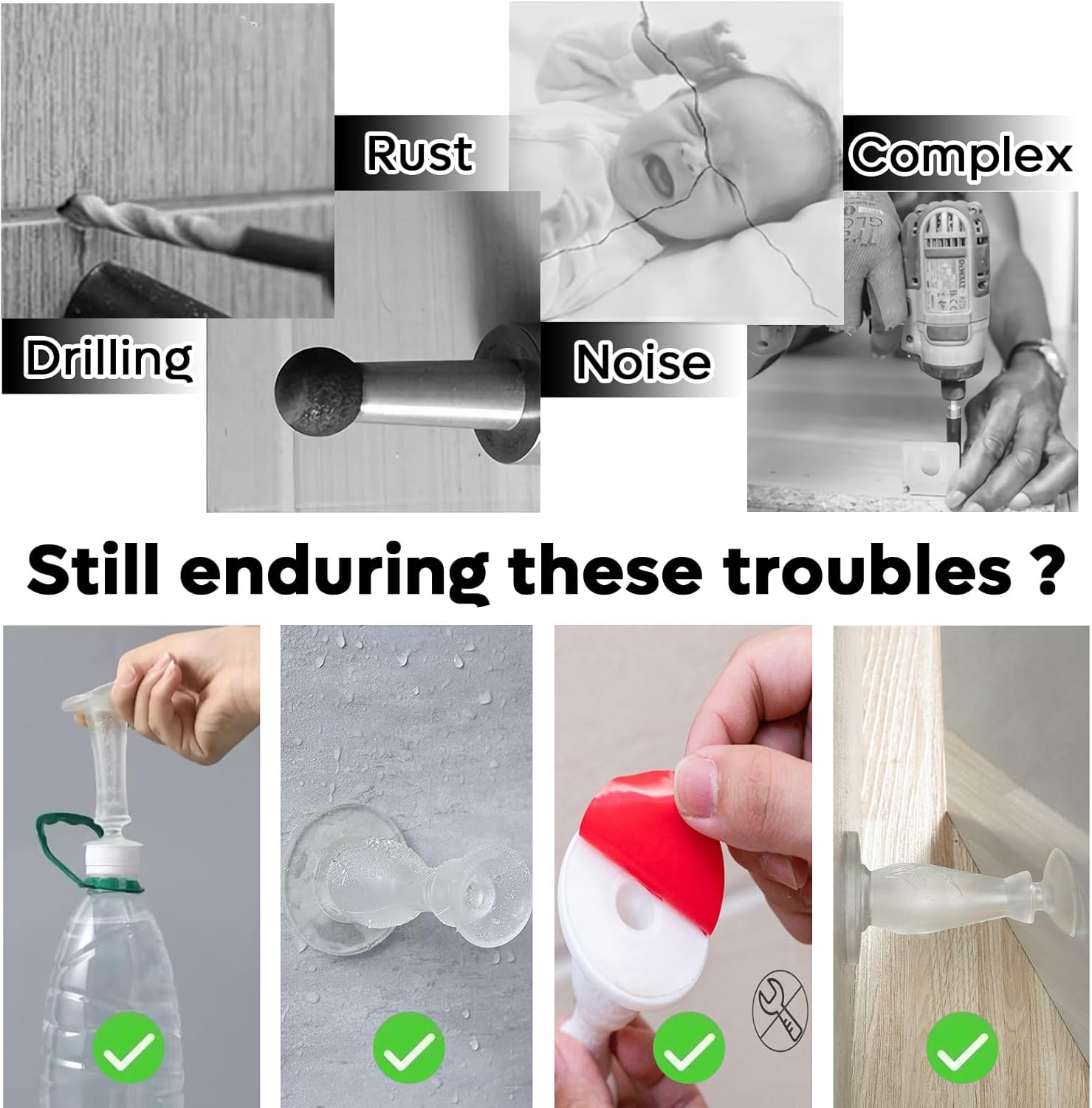 Silicone Door Stopper with Adhesive Base, 6 Pack No-Drill Installation Holder to Keep Open, 8.5 Cm Silent Design for Wall Baseboard Bathroom Bedroom (Black) image number 1