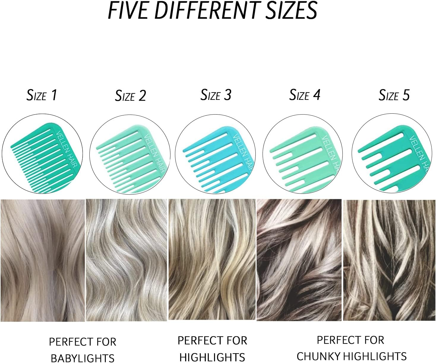 Vellen Professional Hair Highlighting Comb Set &ndash; 5 Sizes for Balayage & Foiling &ndash; Heat Resistant PEI Plastic (220&deg;C) &ndash; Anti-Static, Durable, Chemical Resistant &ndash; Includes Extra Long Stainless Steel Needle &ndash; Stylist & Salon Grade (Mint/Blue, 5Pcs) - Black image number 2