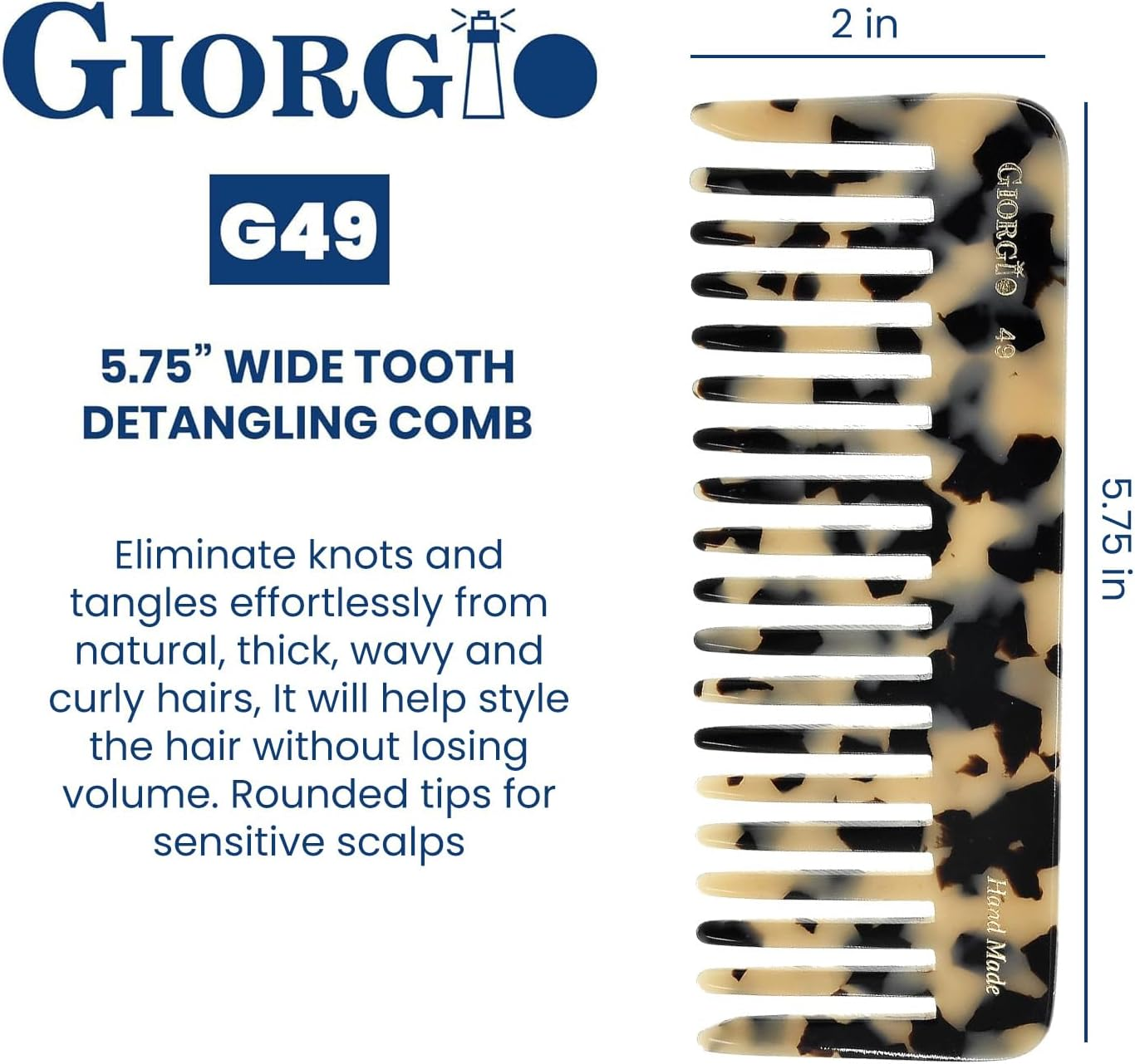 Giorgio G49 White Tokio, Large Wide Tooth Detangling Comb for Thick Curly Wavy Hair. Wet & Dry Hair Detangler - Handmade of Quality Cellulose, Saw-Cut, Hand Polished image number 5