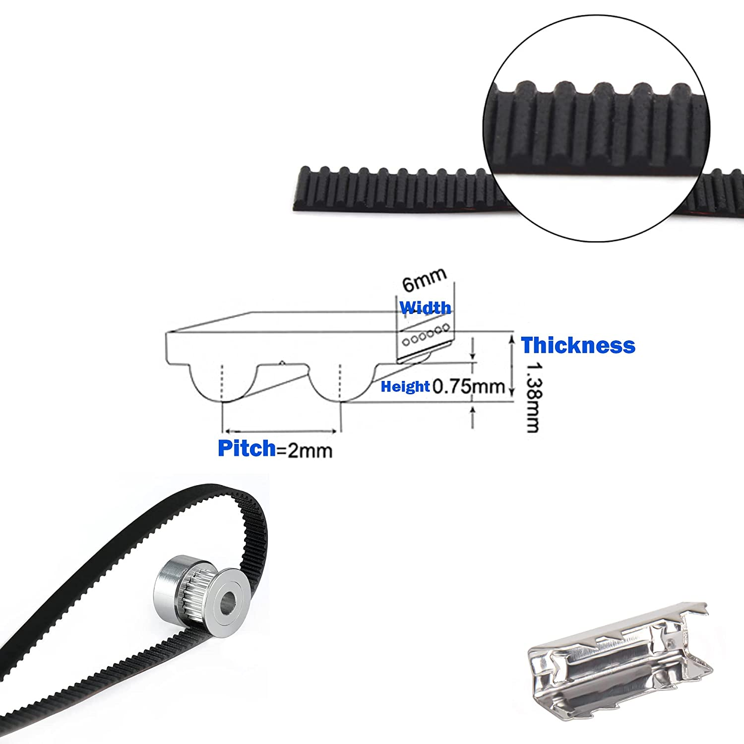3D Printing GT2 Timing Belt Set, 5 Meters GT2 Open Timing Belt 2Mm Pitch 6Mm Width Rubber Fiberglass and 2 Pcs Open Belt Clip, 3D Printer Accessories for Reprap Prusa Mendel CR-10 Ender 3 V2 image number 4