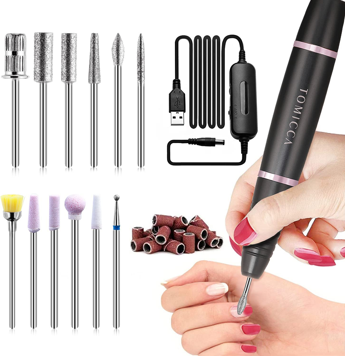 TOMICCA Professional Electric Nail Drill Kit, 20000 RPM USB Electric Nail File Machine with 12 Pcs Changeable Nail Drill Bits for Starter and Salon Use image number 2