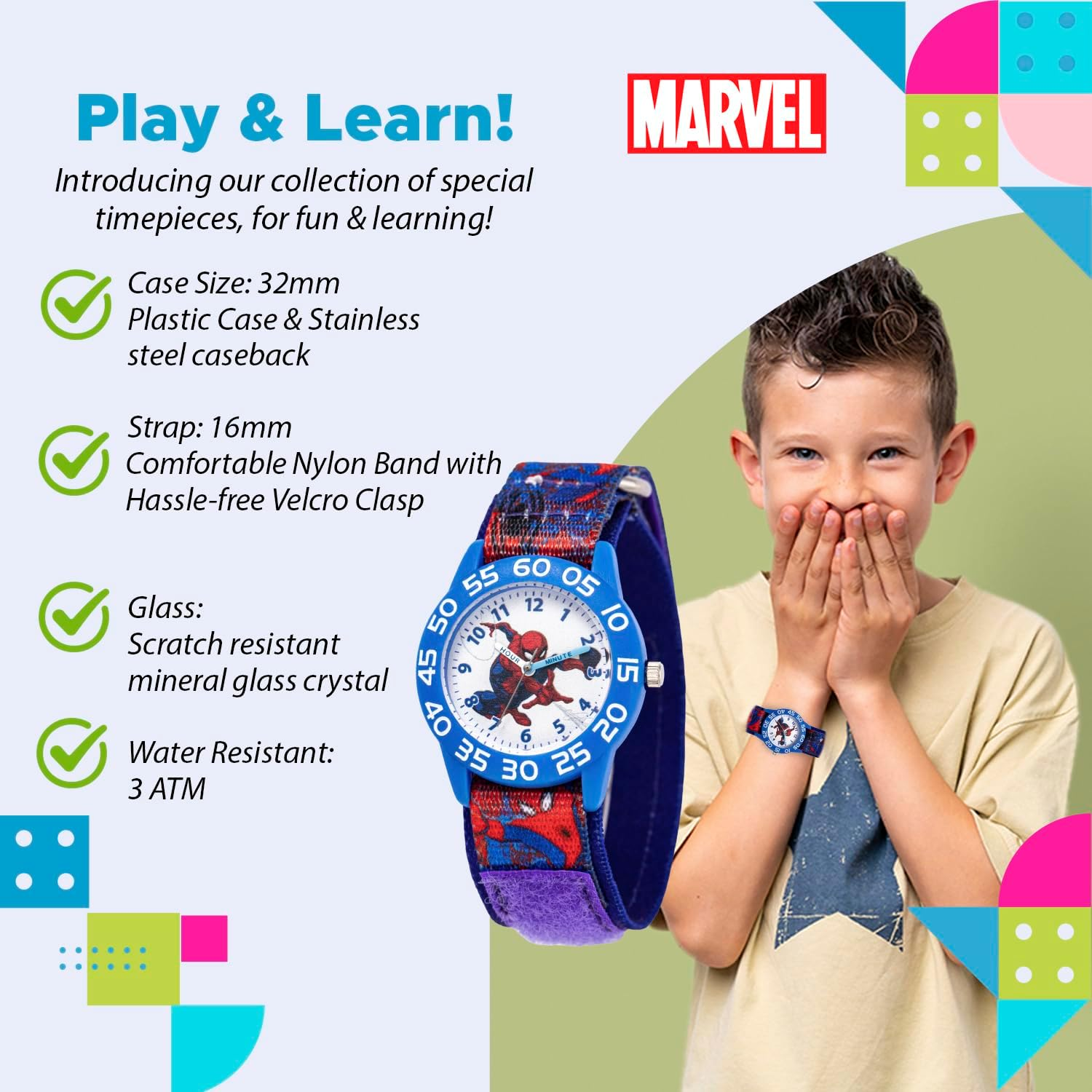 MARVEL Spider-Man Kids' Plastic Time Teacher Analog Quartz Nylon Strap Watch, Blue/Multi, Analog Spider-Man Watch image number 4