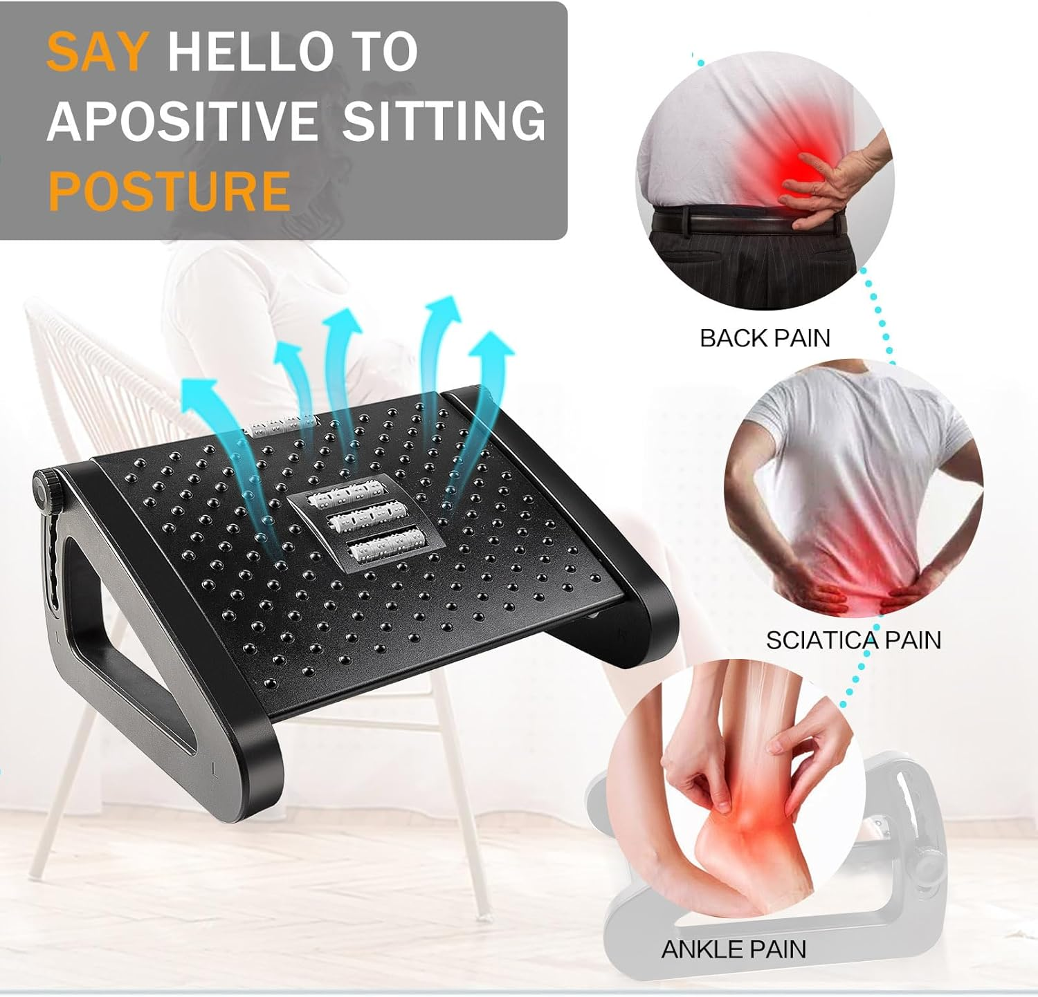 Foot Rest under Desk, 6 Height Adjustable Ergonomic Foot Stool with Manual Massage Rollers for Pressure Relief and Posture Support, Portable and Comfortable Leg Rest under Desk for Office Home and Gaming image number 6