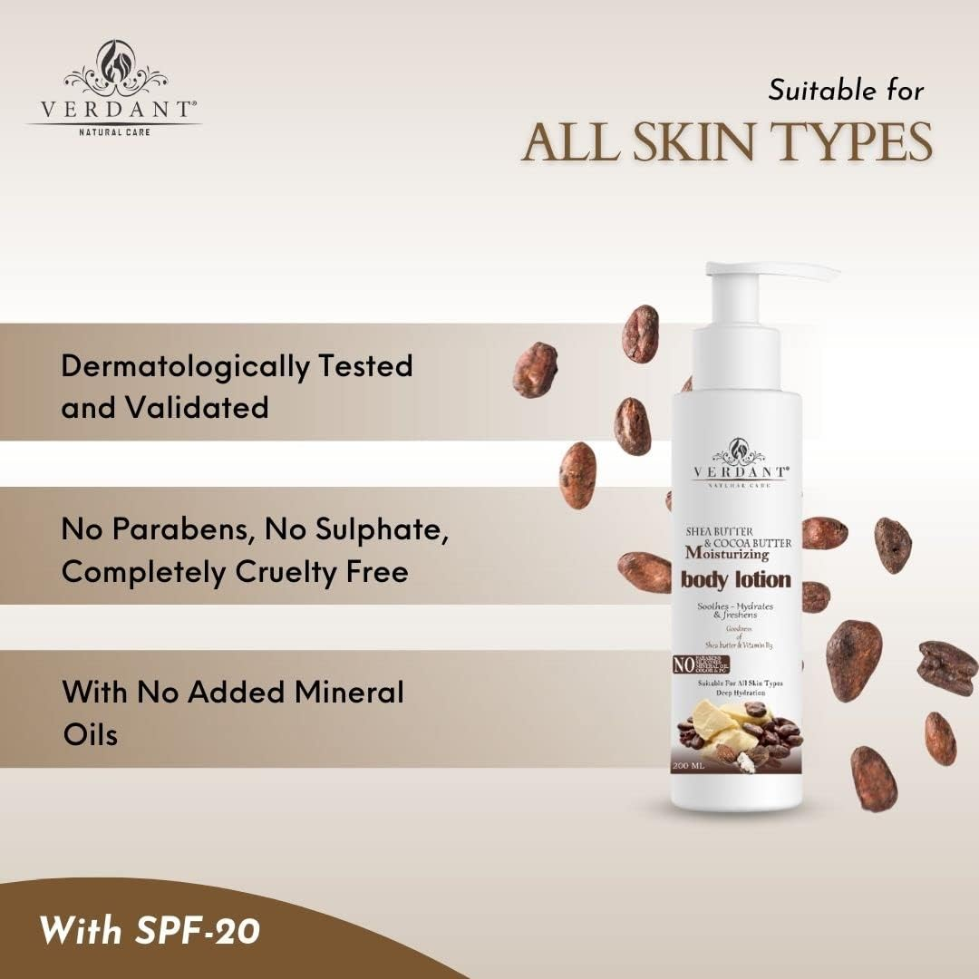 Verdant Natural Care Cocoa Butter & Shea Butter Moisturizing Body Lotion - 24 Hr Deep Hydration & Moisturizing - No Parabens, Mineral Oils &ndash; for All Skin Types - 200Ml image number 5