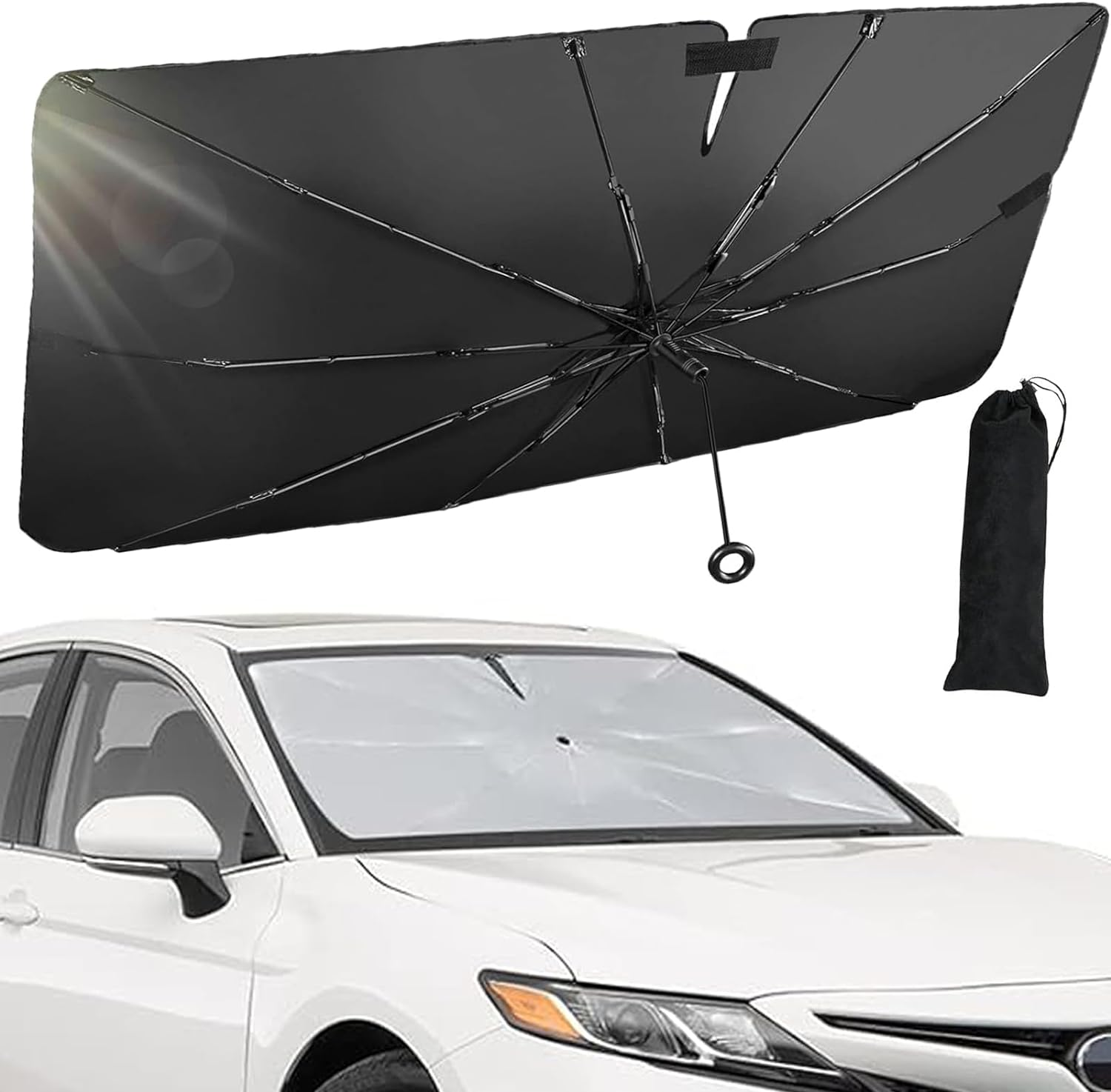 Car Windshield Sun Shade Umbrella,Pull Ring Car Sun Shade Front Window Cover,Upgrade Foldable Sunshade Umbrella with Opening Design for UV Ray Block for Most Vehicles 59 X 32Inch Large Size image number 3
