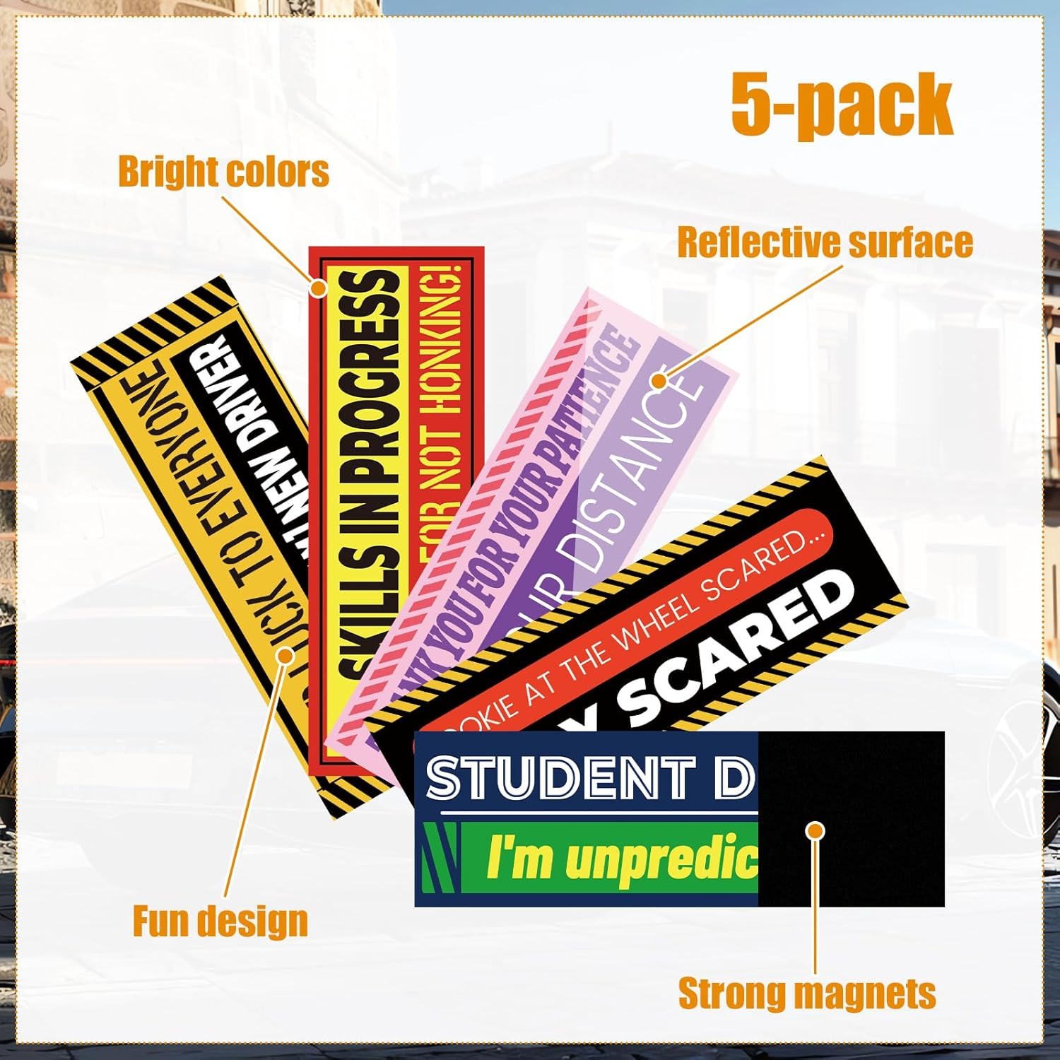 5Pcs New Driver Magnet, 9.45X3.15 Inch Reflective Magnetic Novice Driver Sign for Bumper Safety Warning Stickers for Beginners Student Car Drivers