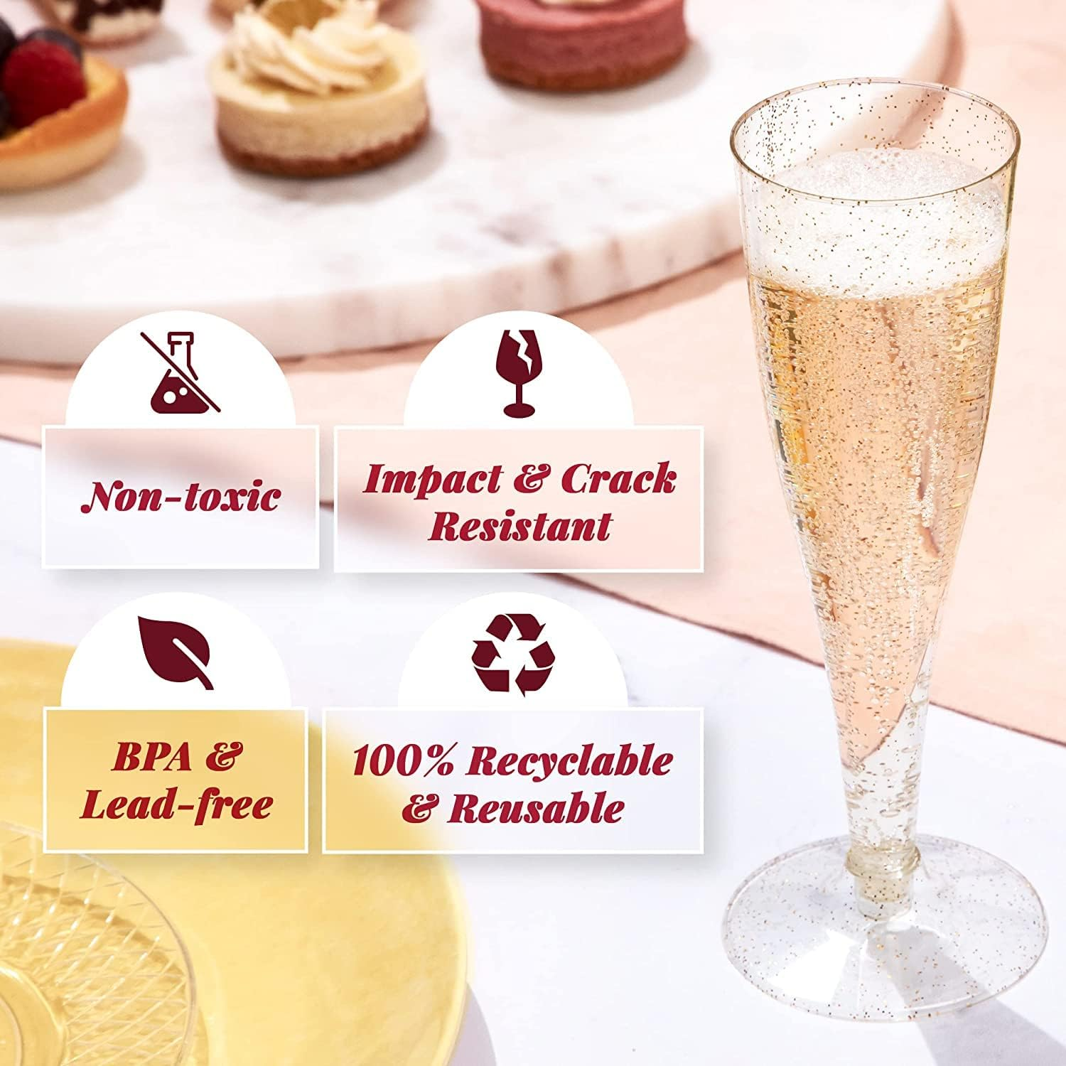 LATERN 60Pcs Plastic Champagne Flutes, 150Ml Gold Glitter Champagne Glasses Reusable Stemmed Party Wine Cups for Garden Wedding Anniversary Shower Parties (5 X 17Cm) image number 3