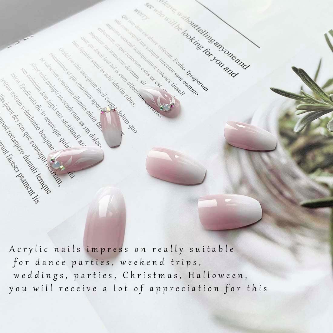 Square Gradient Nails Fake Nude Mid Glitter Fake Nail Crystal Flower Acrylic Print on Nails French Full Cover False Nails for Women Girls image number 5