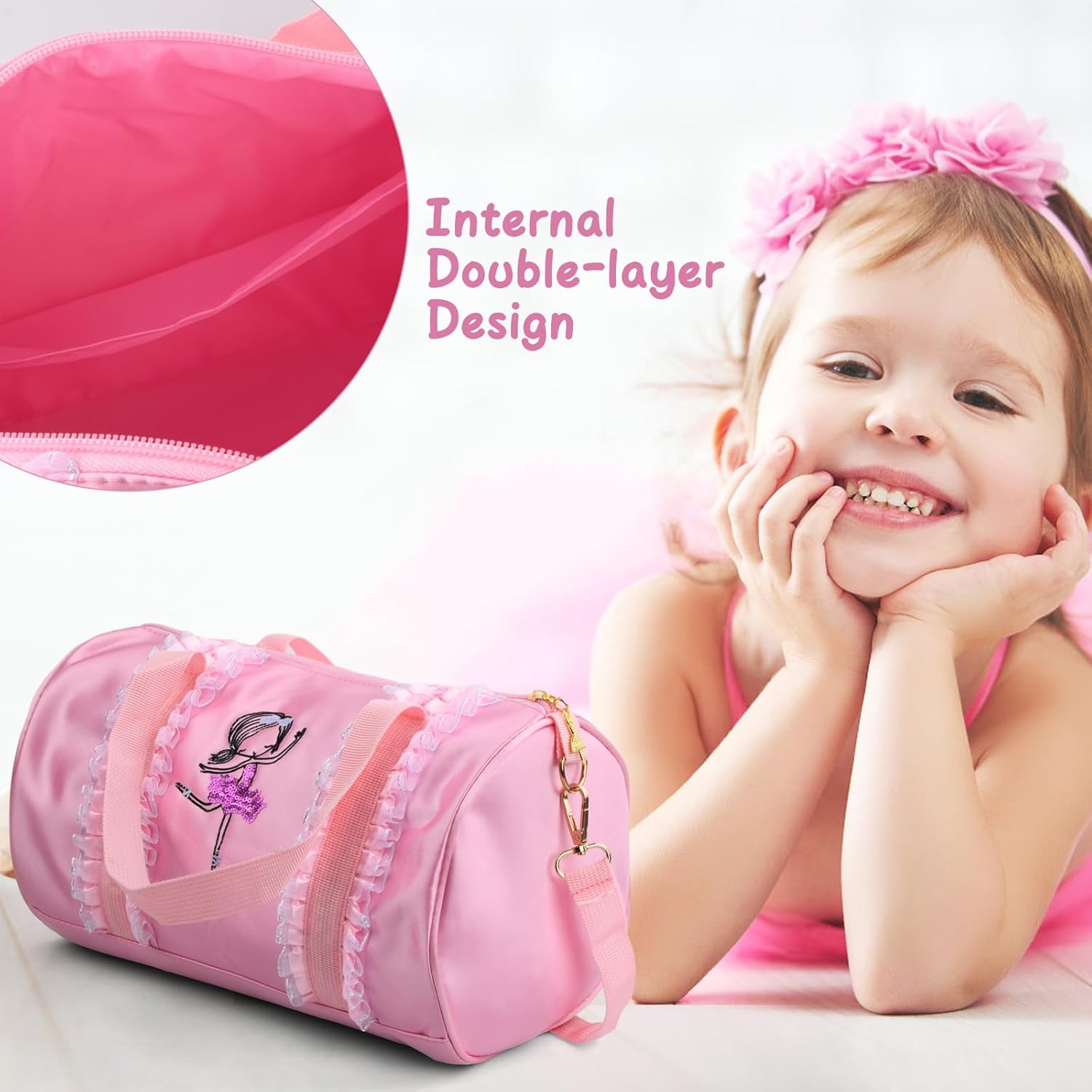 Pink Girls Ballet Dance Bag, Dancewear Storage Handbag Tote Crossbody Shoulder Bag Gymnastics Sports Bag Ballet Dance Duffle Bag for Ballerina Dancer image number 6