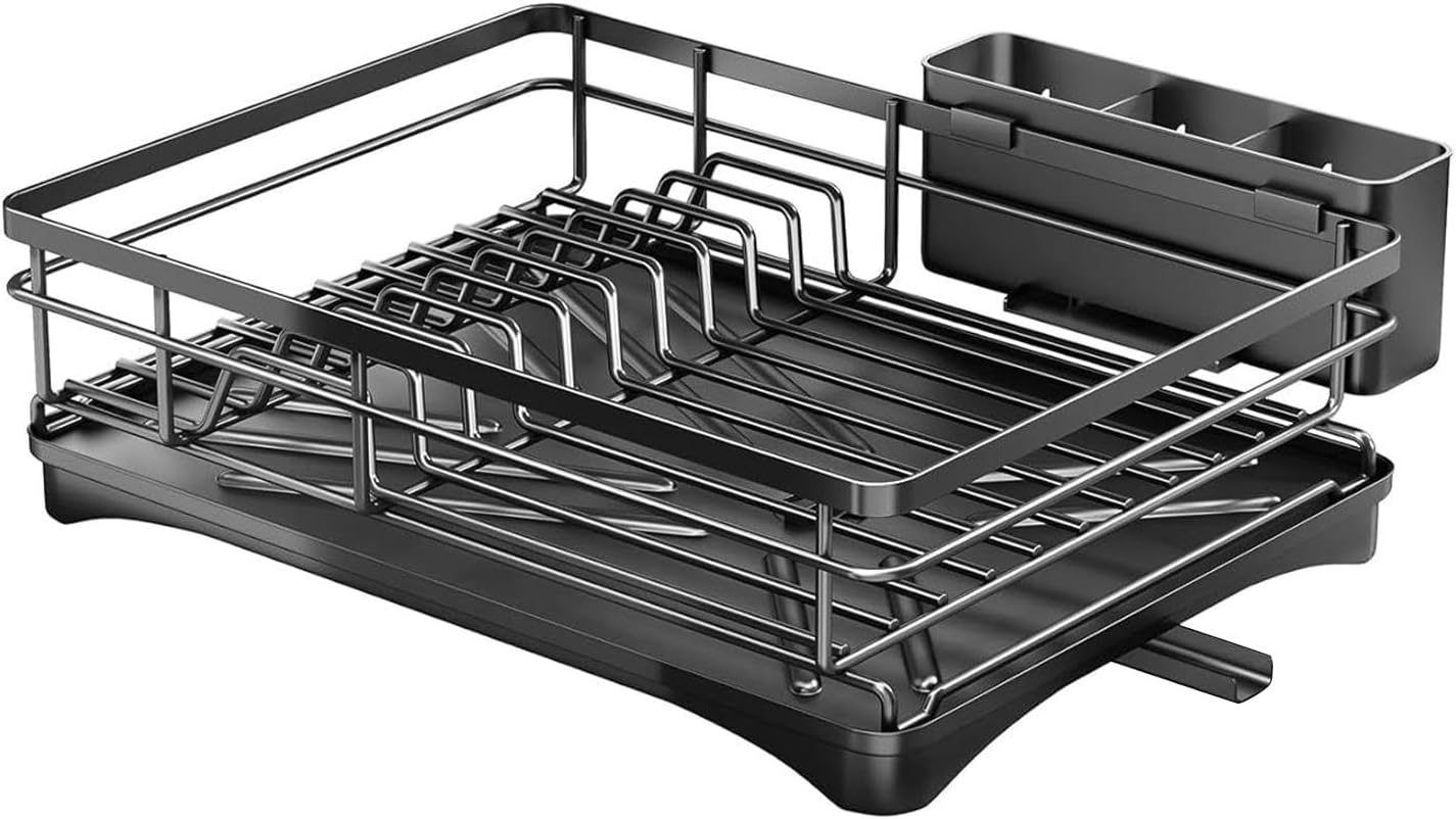 Iron Dish Drying Rack with Drainboard, Heavy-Duty Adjustable Spout Dish Drainer with Utensil Holder, Knife Slots and Non-Scratch Feet, Rustproof Kitchen Sink Organizer for Countertop Storage image number 6
