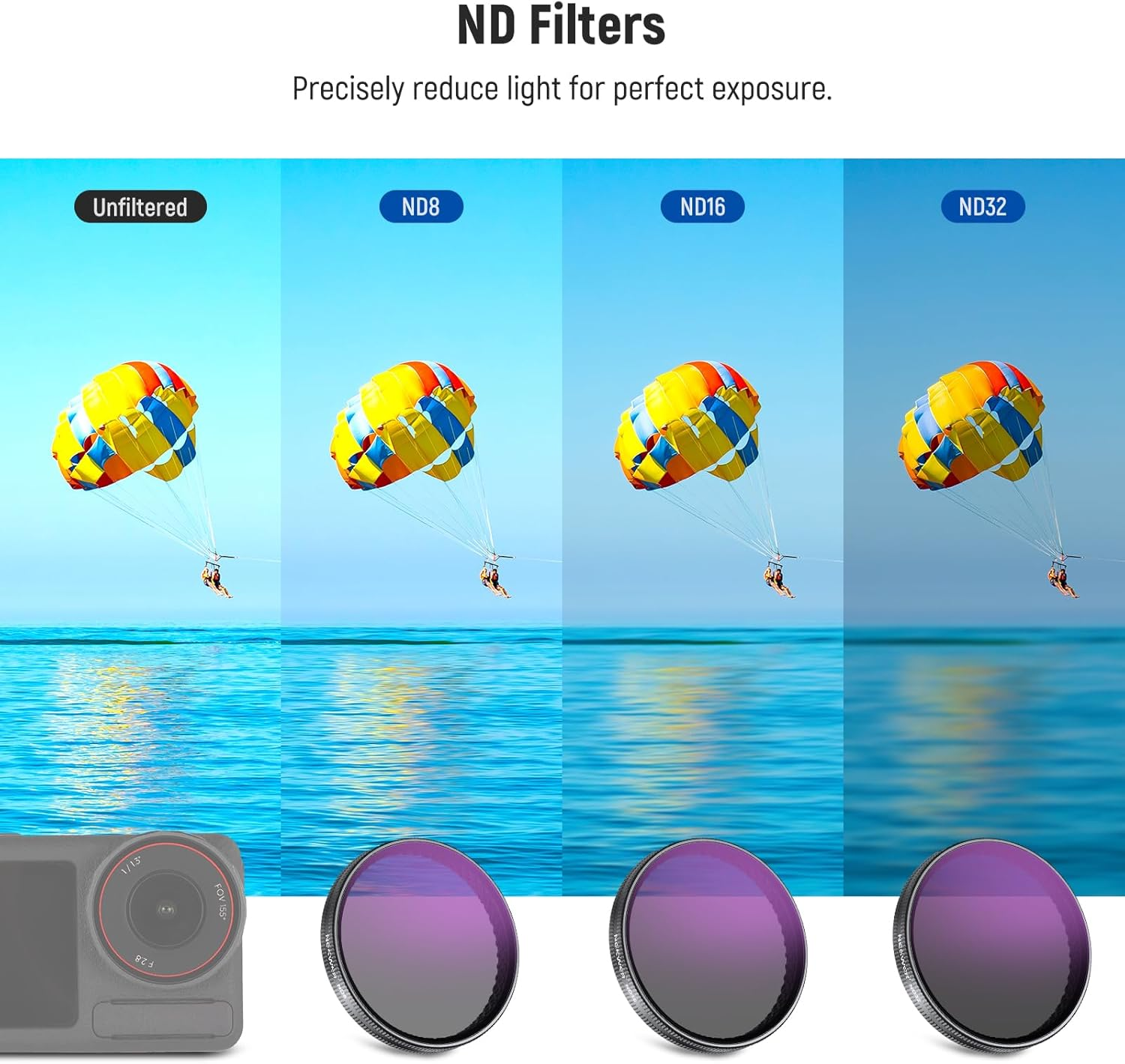 NEEWER Snap on ND Filter Set Compatible with DJI Osmo Action 3/4/5 Pro, 4 Pack ND8+ND16+ND32+CPL Neutral Density Polarizing Action Camera Accessories, Multicoated HD Optical Glass, FL-A76 image number 5