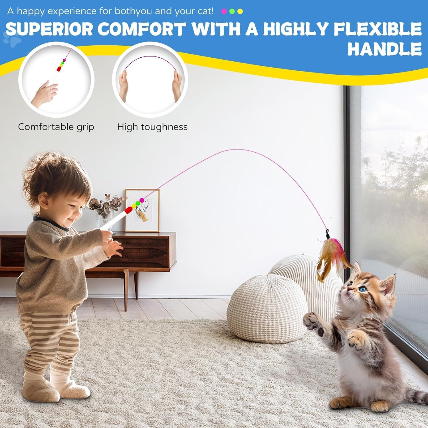 Linyongc Cat Feather Wand, 2Pcs Cat Feather Interactive Toys, Cat Feather Teaser Wand with Bell, Cat Wand Interactive Cat Toy