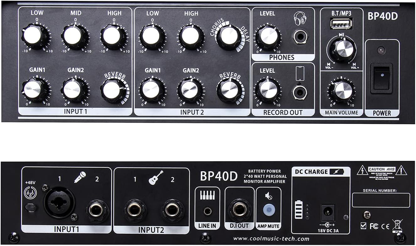 Coolmusic BP40D Rechargerable Acoustic Guitar Amplifier Electrical Guitar Amp-Keyboard Amplifier 80W W/Bluetooth with Reverb Chorus Delay Effect, 6 Inputs,3 Band EQ image number 2