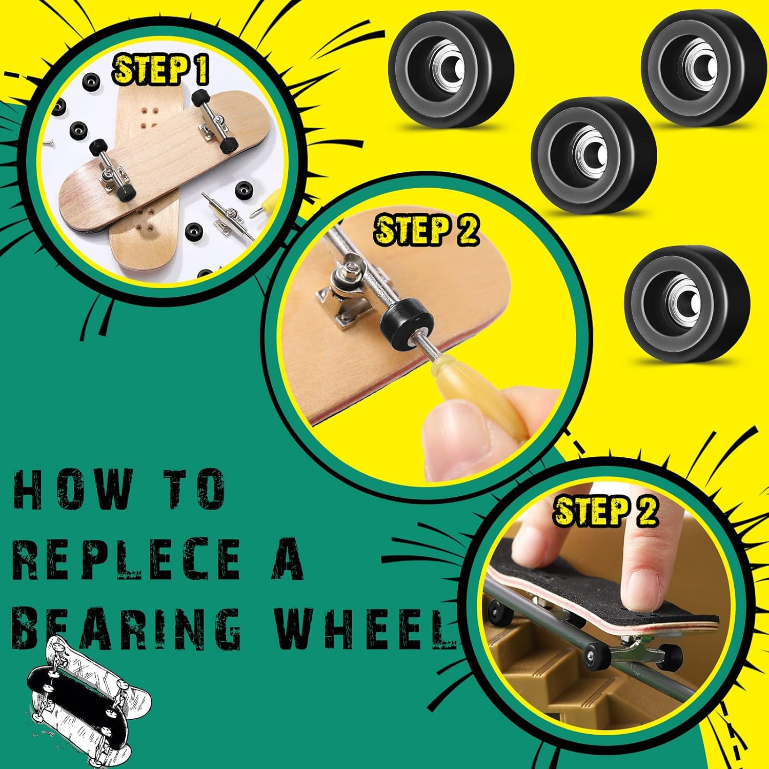 8 Pcs Fingerboard Bearing Wheels Standard Fingerboard Tool Fingerboard CNC Lathed Bearing Wheels Fingerboard Screwdriver and 2 Pcs Nut Driver for 34 Mm Wide Decks Finger Skateboard Trucks (Black) image number 1