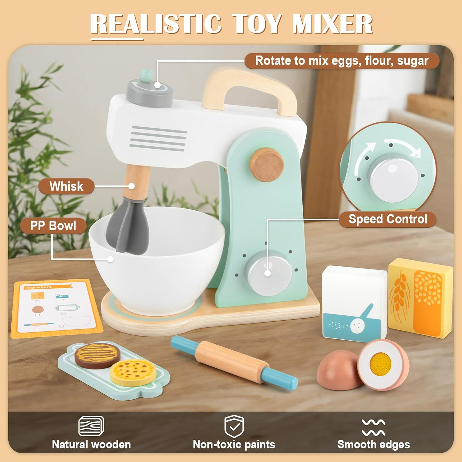 Tooky Toy TJ290 Wooden Baking Mixer Set: Quality Pretend Play Wooden Set for Ages 3+ image number 1
