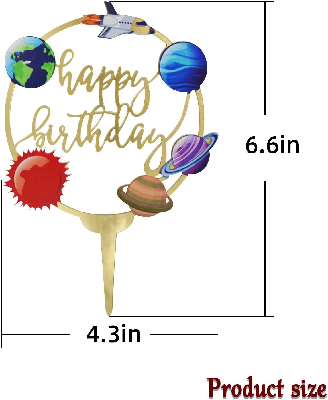 Happy Birthday Acrylic Cake Toppers for Outer Space Theme Birthday Party Decorations, Rocket Galaxy Planet Cake Toppers for Kids (Gold)