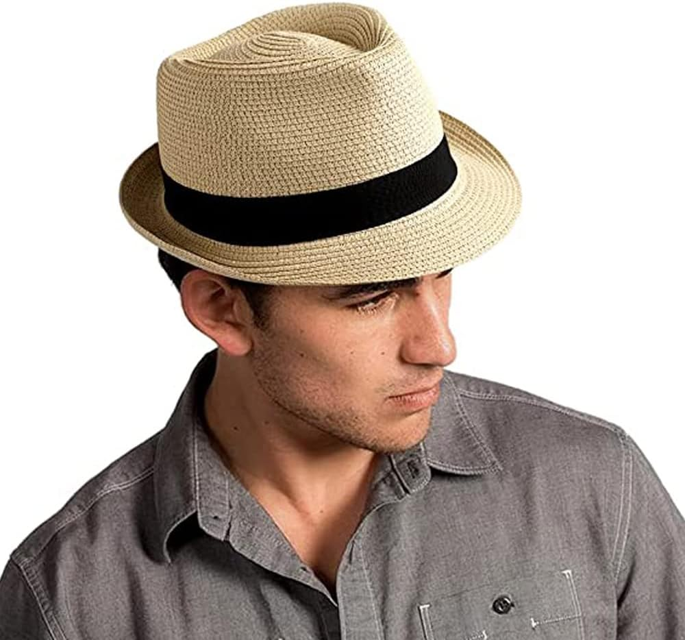 BIGTEDDY Unisex Hat Men Women for Fedora Trilby Wide Brim Straw Cap Beach Sun Gentleman Black image number 4