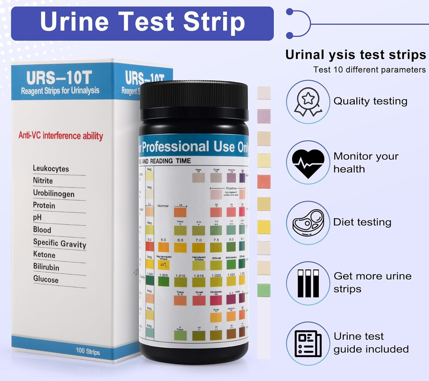 JUMXSRLE Urinalysis Test Strips, Urine Test Strips, 10 Parameter Urine Strips, Accurate Results, Urinalysis Home Testing Stick Kit to Help Monitor Your Health, Urine Strips Dipsticktests image number 3