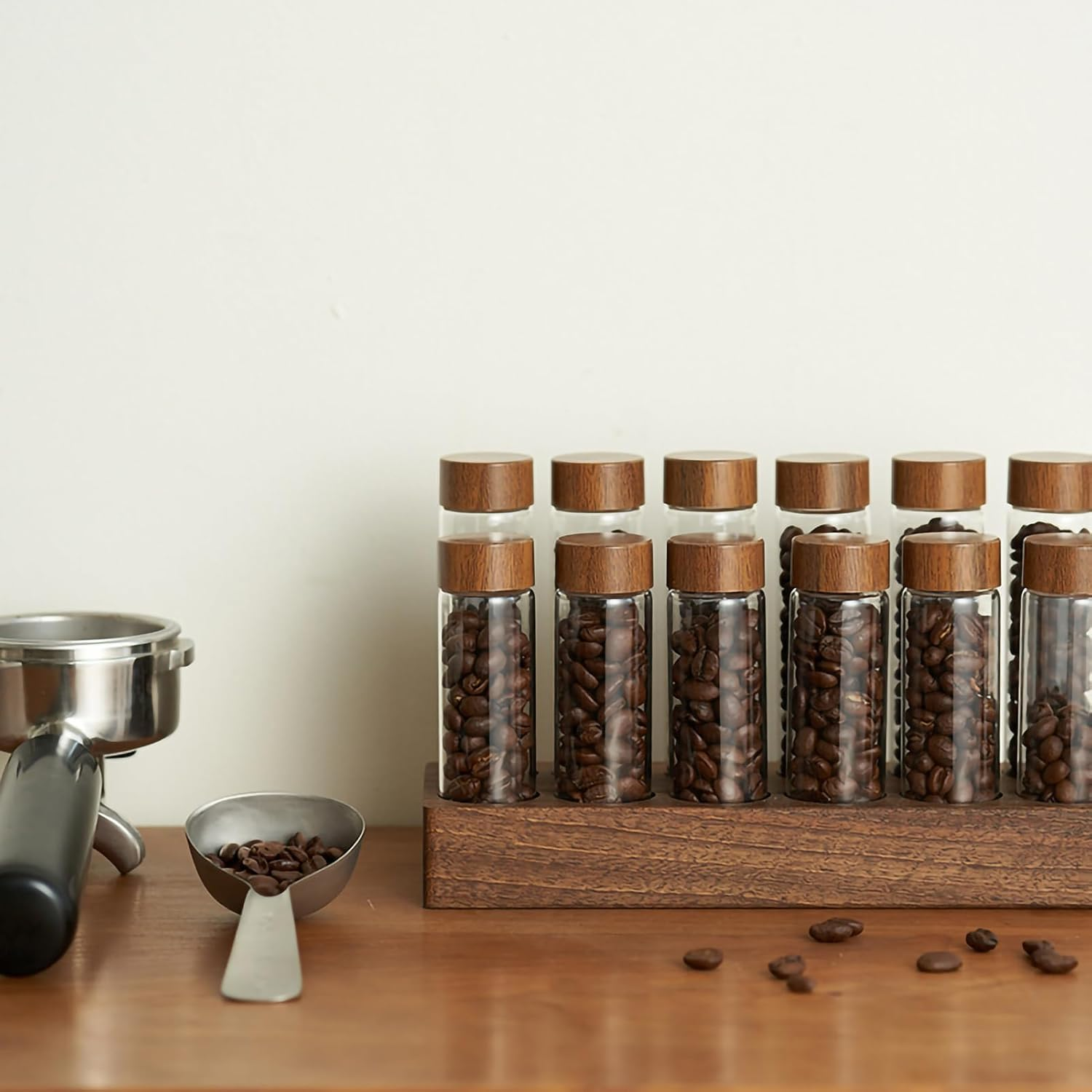 TREELF Coffee Bean Storage,Coffee Storage Container with Walnut Solid Wood Base,Coffee Bean Container,12 Tubes Single Dose with Wooden Holder(Type 2) image number 2