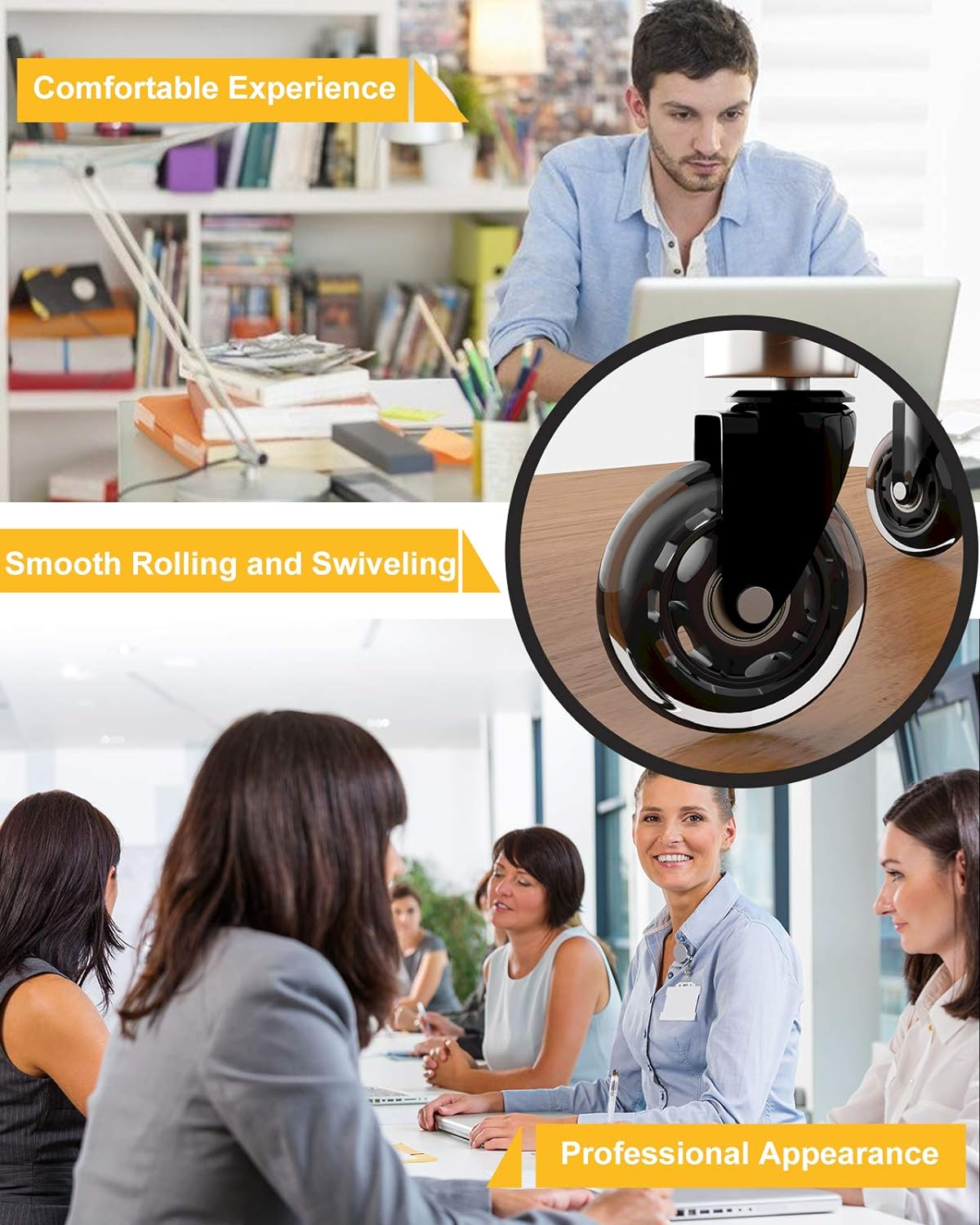 Office Chair Wheels for IKEA with 10Mm Stem, HOSOM 3" Replacement Rubber Caster Wheels Set of 5 Safe for Wood Floor, Computer Gaming Chair Rollerblade Wheels Roll Smooth and Quite image number 2