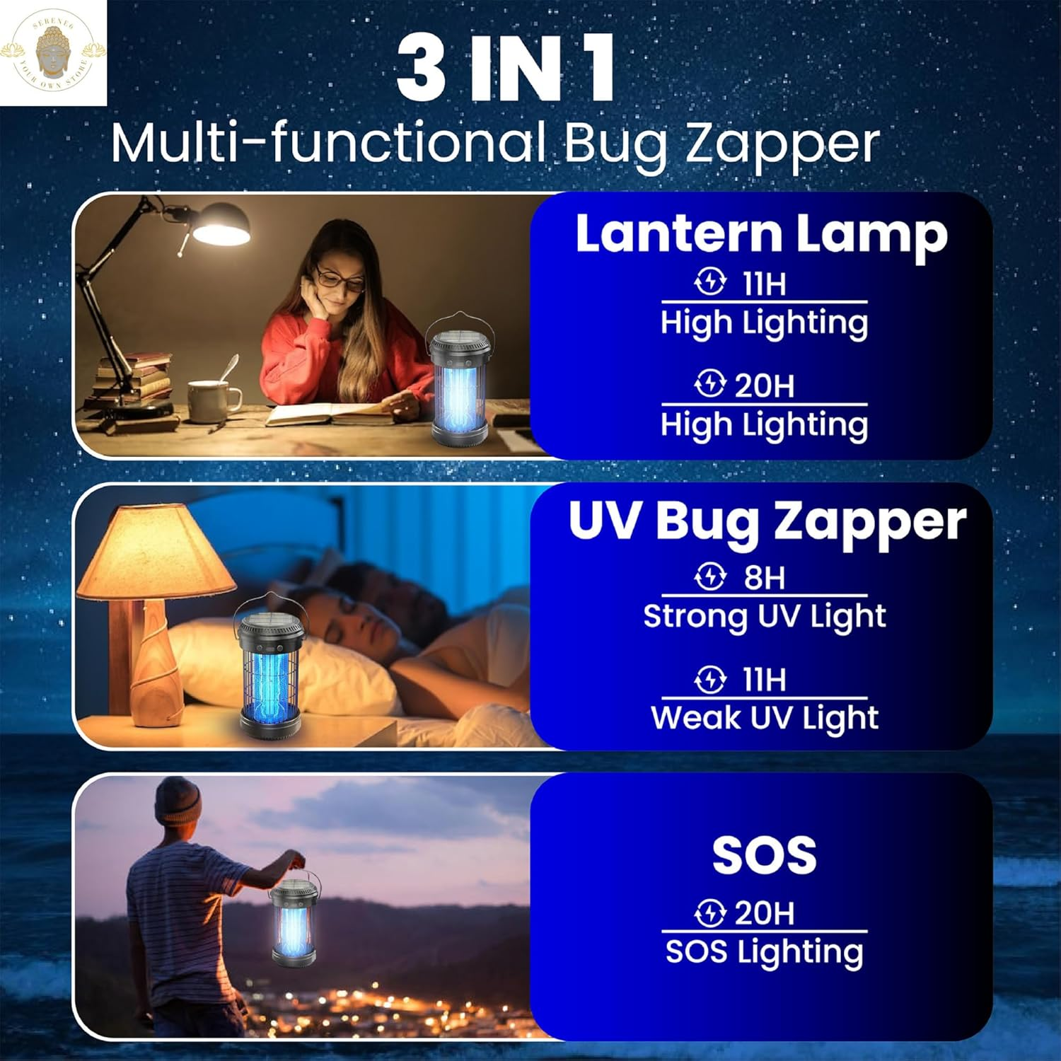 Mosquito Killer Lamp Electric- Rechargeable Indoor,Outdoor & Patio Solar Bug Zapper with UV Light Insects Trap, USB Powered Ecofreindly Shield from Mosquitoes, Flies, Gnats by Serene6 image number 2