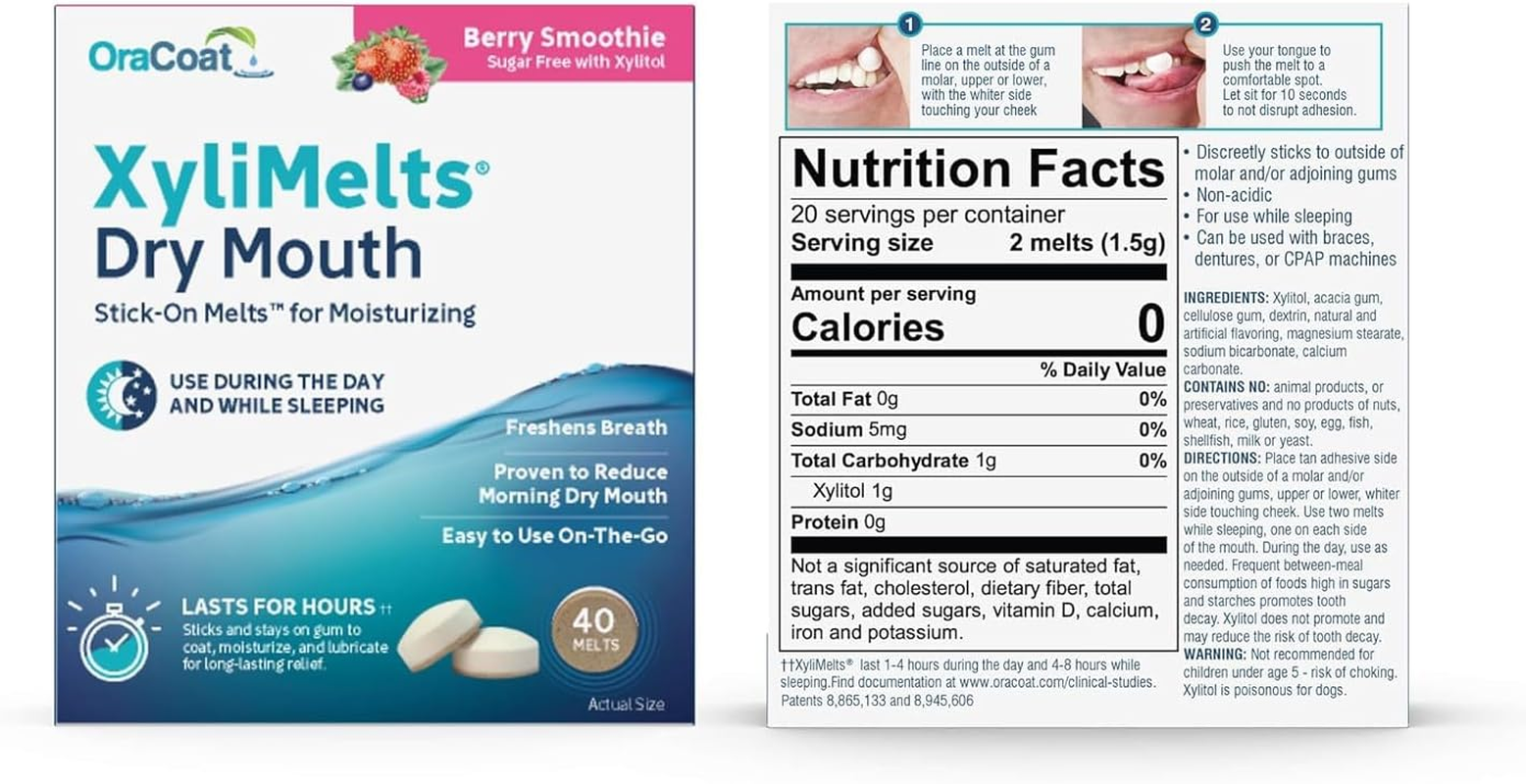 Oracoat Xylimelts Dry Mouth Relief Discs &ndash; 40 Pack &ndash; Berry Smoothie Flavour &ndash; Sugar-Free with Xylitol &ndash; 8-Hour Moisturising Relief &ndash; Day & Night Oral Discs &ndash; Non-Acidic, Time-Release Formula (120) image number 1