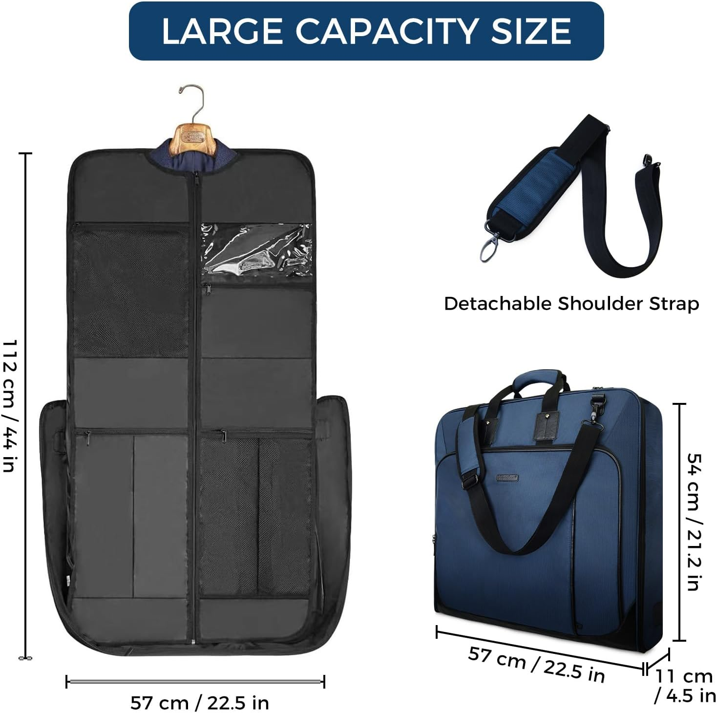 Noozion Garment Bag for Travel Large Carry on Suit Bag Hanging Travel Suit Bags Waterproof Suitcase Luggage Bag for Men Women Business Trips with Shoulder Strap, Blue, Large, Classic image number 1
