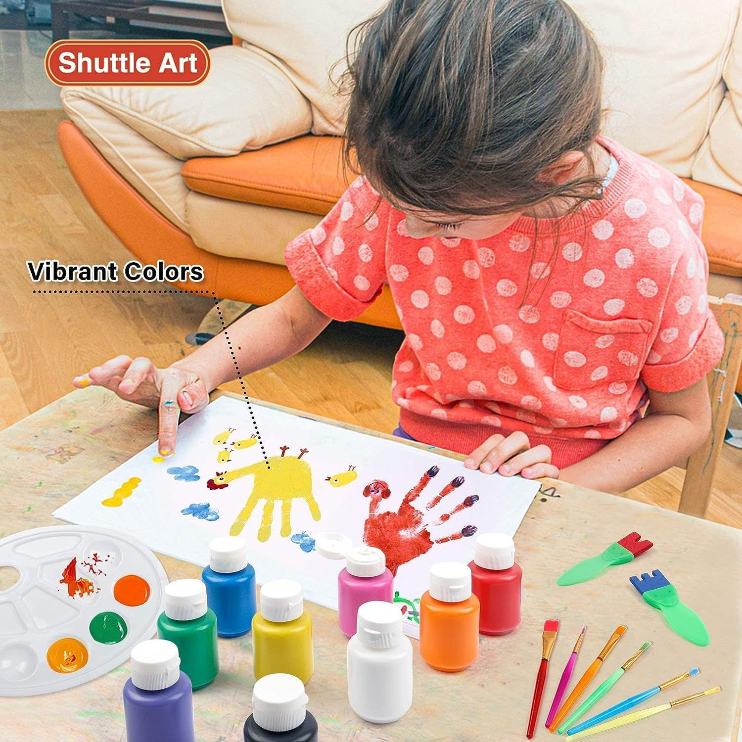 Washable Finger Paint Set, Shuttle Art Kids Paint Set with 10 Colours (60Ml) Finger Paints Brushes, Finger Paint Pad Spongebrushes Palette, Non Toxic for Toddlers Home Activity Early Education image number 1