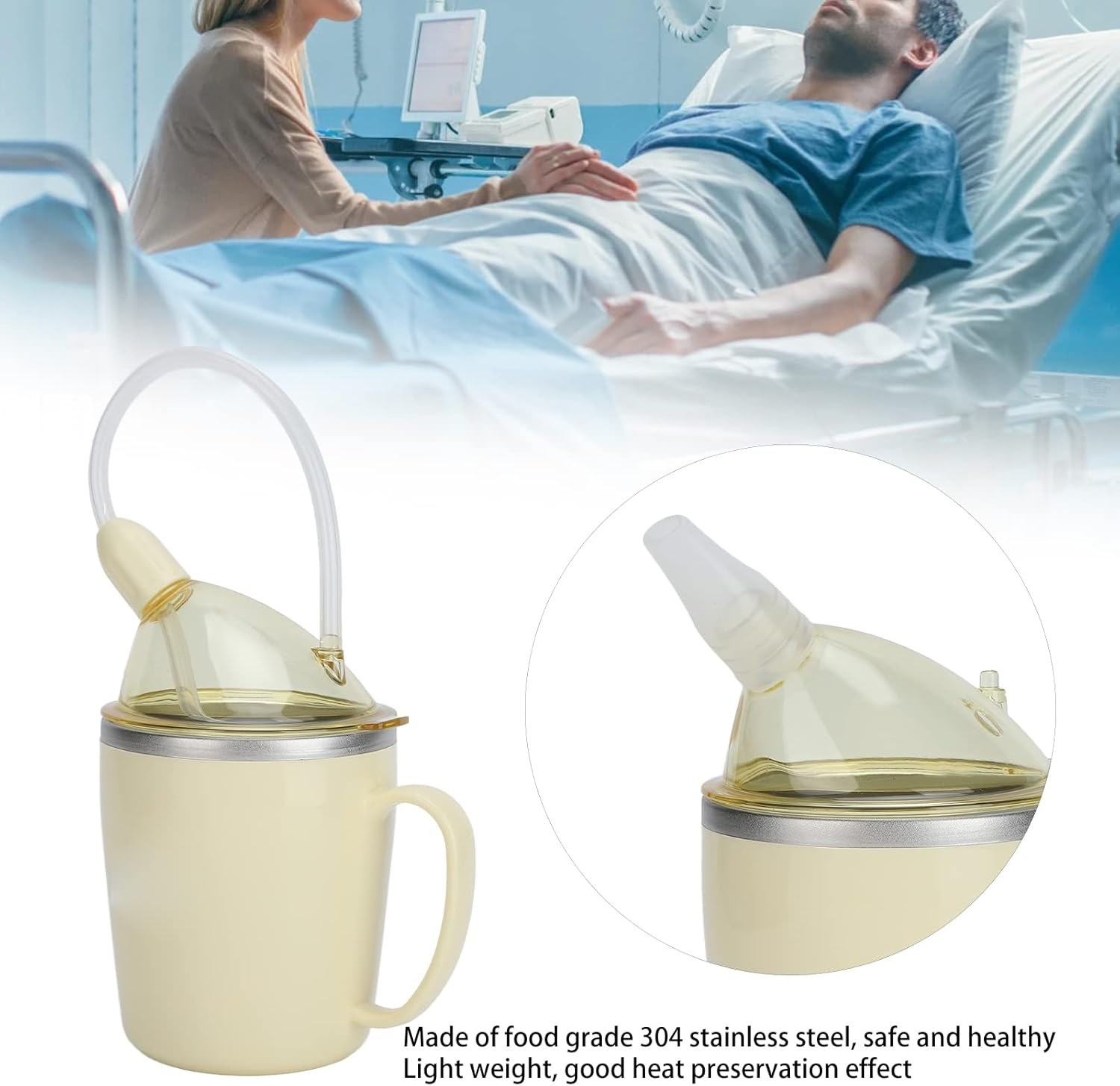 Convalescent Feeding Cup, 350Ml 304 Stainless Steel Adaptive Drinking Cup with Straw, Leakproof Lightweight Bed Sippy Cup Drinking Aids for the Elderly Patient Disabled image number 2