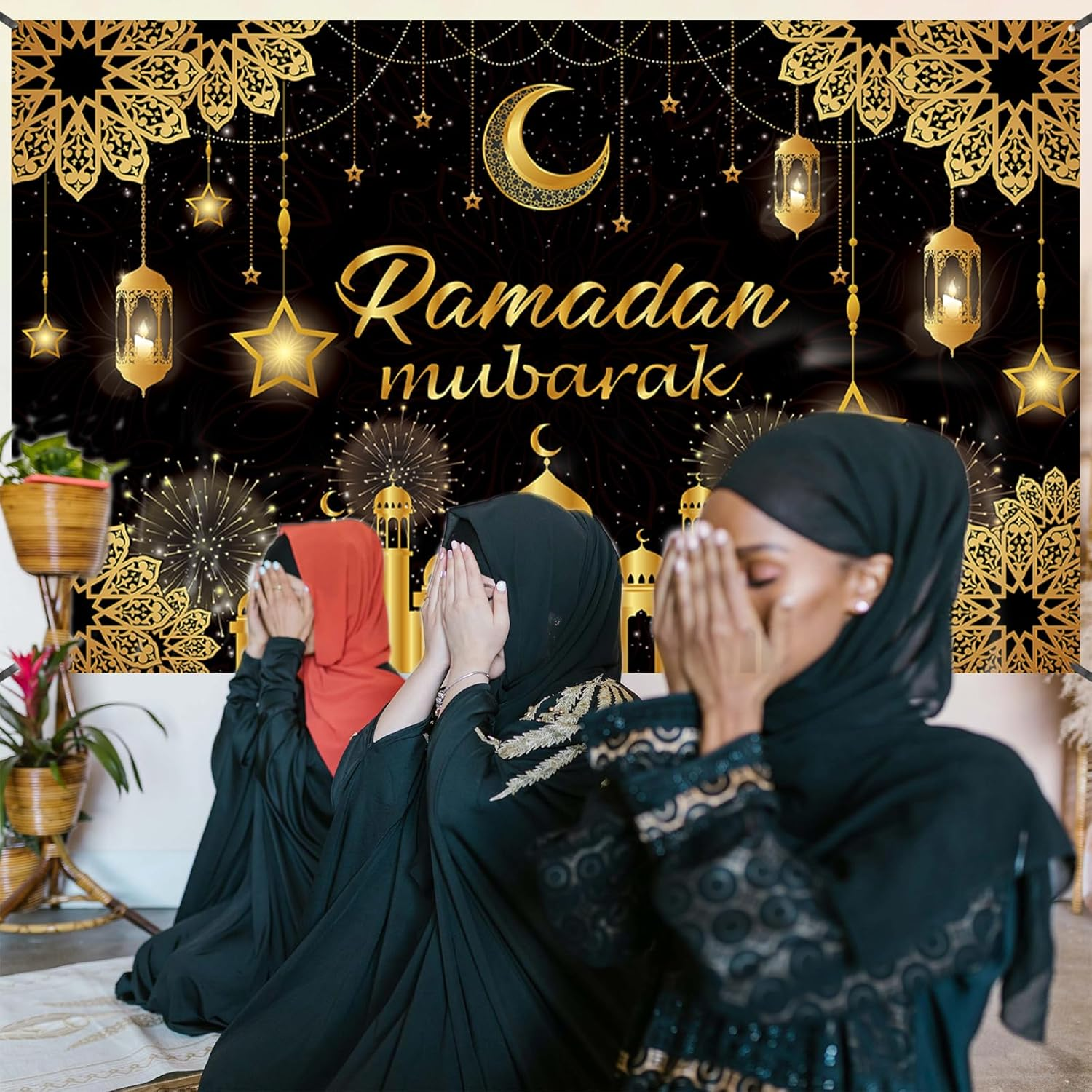 Ramadan Mubarak Banner 2025, Extra Large Fabric Eid Kareem Backdrop for Decorations, 72 X 44 Inch Star Moon Lanterns Castles Photo Booth Background for Islamic Muslim Al-Fitr Party Supplies image number 2