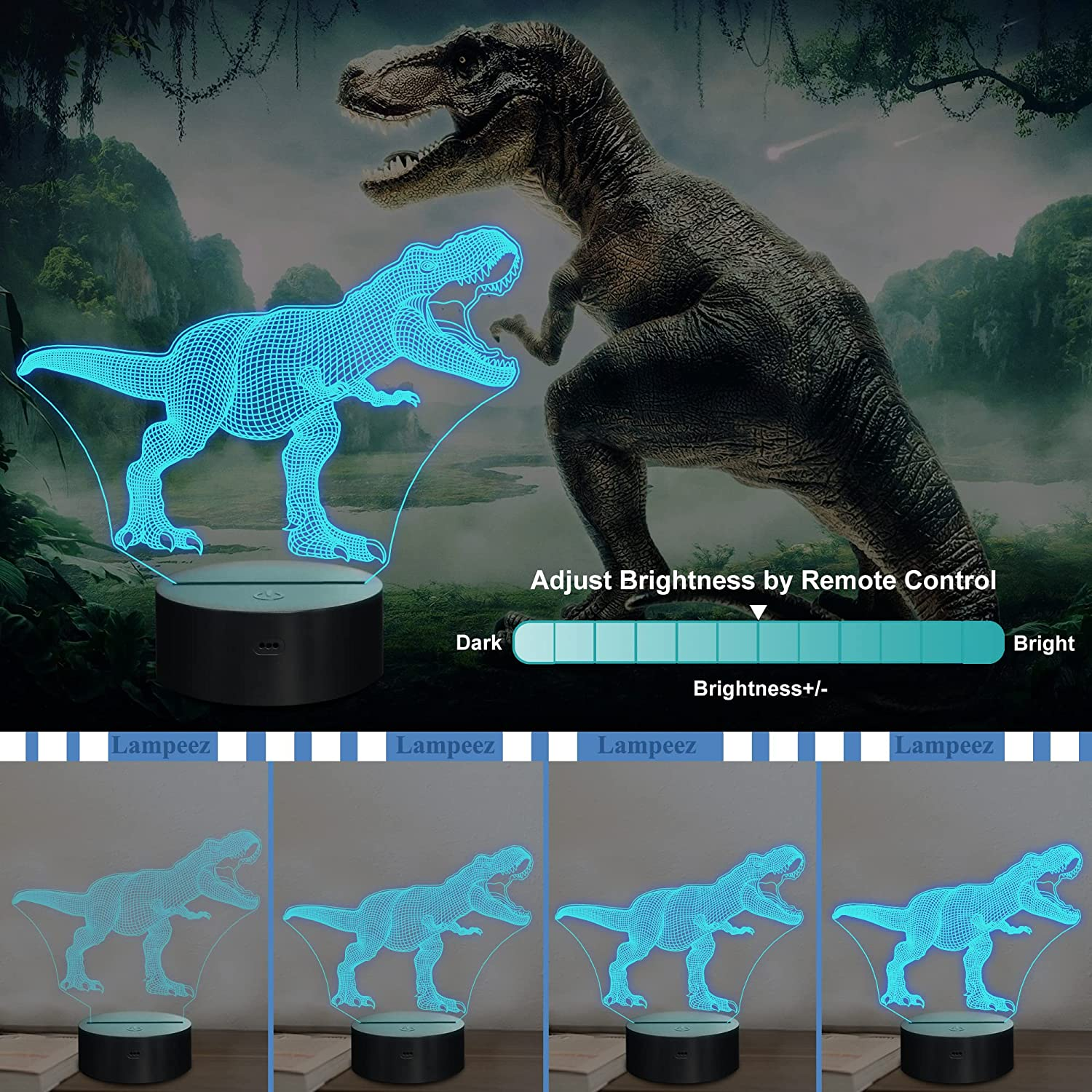 Dinosaur Night Light, Lampeez 3D T-Rex Bedside Lamp with Remote Control 16 Colors Changing Kids' Room D&eacute;cor Birthday Xmas Halloween Gifts for Child Baby Boy image number 3