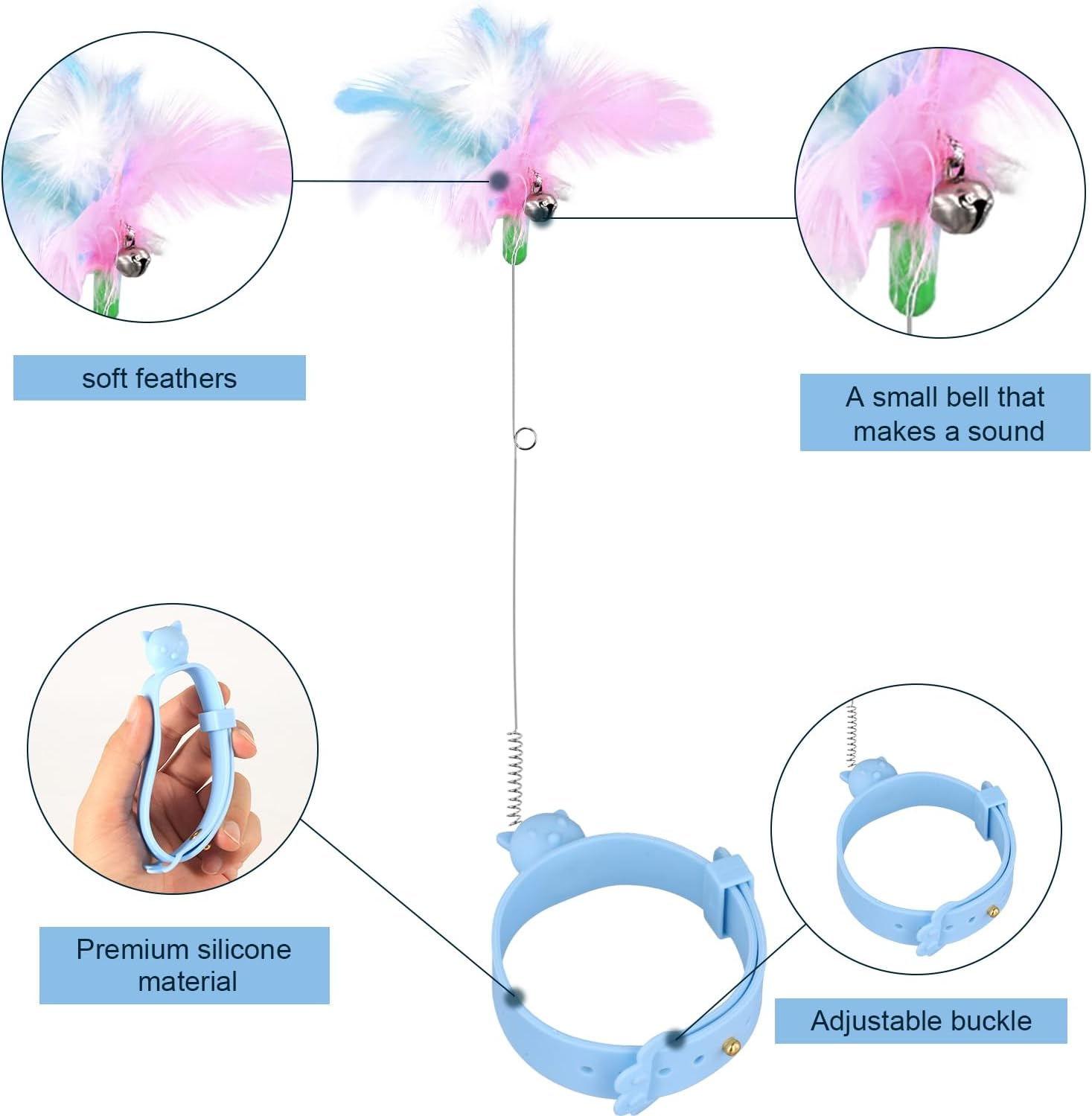 XIHIRCD 2Pcs Silicone Feather Cat Teasing Wands with Adjustable Collar, Bell Cat Interactive Teaser Toys for Indoor Play & Training